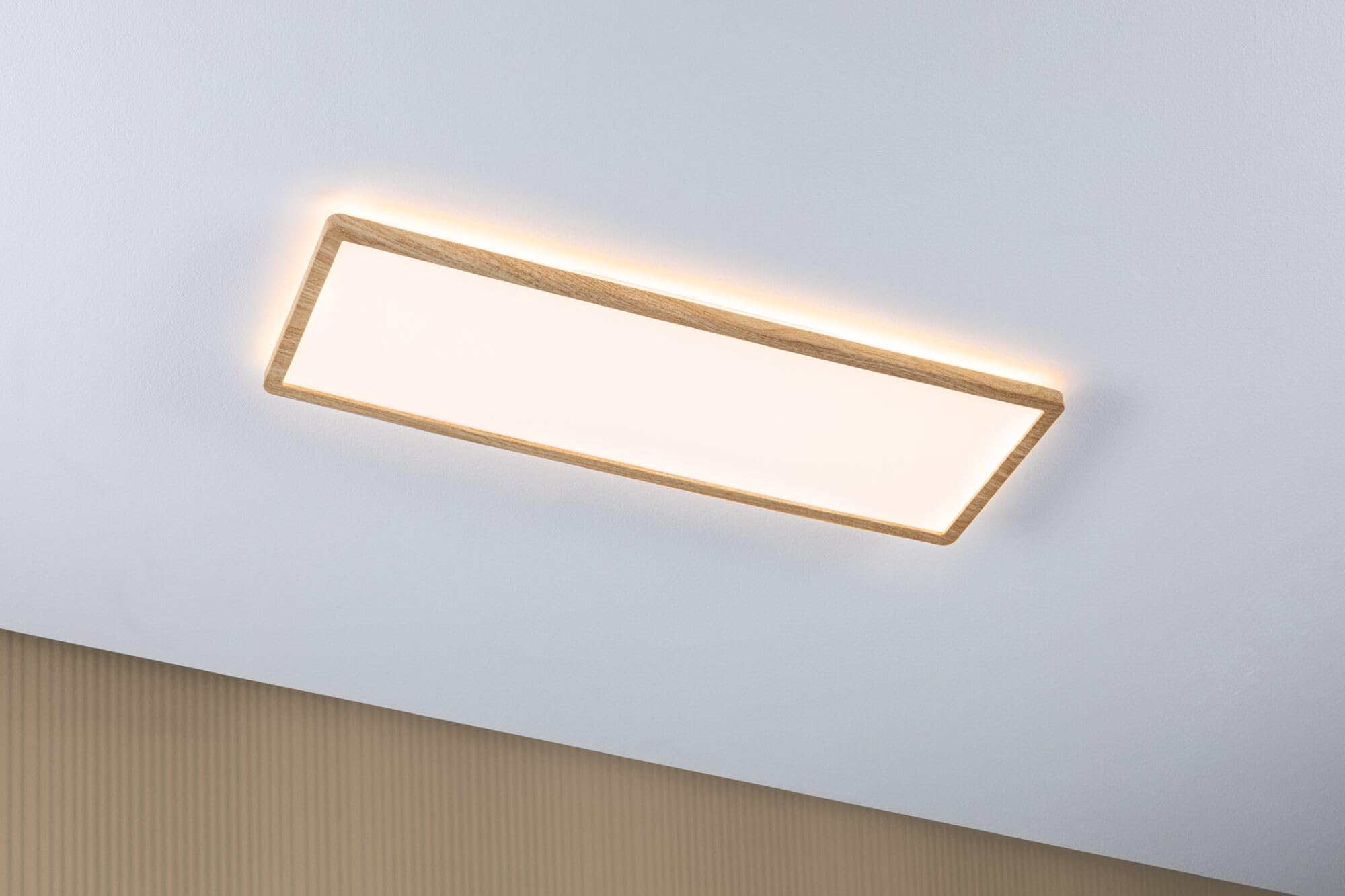 Paulmann 71031 LED Panel Atria Shine Deckenleuchte mit Backlight eckig IP44 22W 2300lm 580x200mm Holzoptik Kunststoff 3000K - Warmweiß Badleuchte