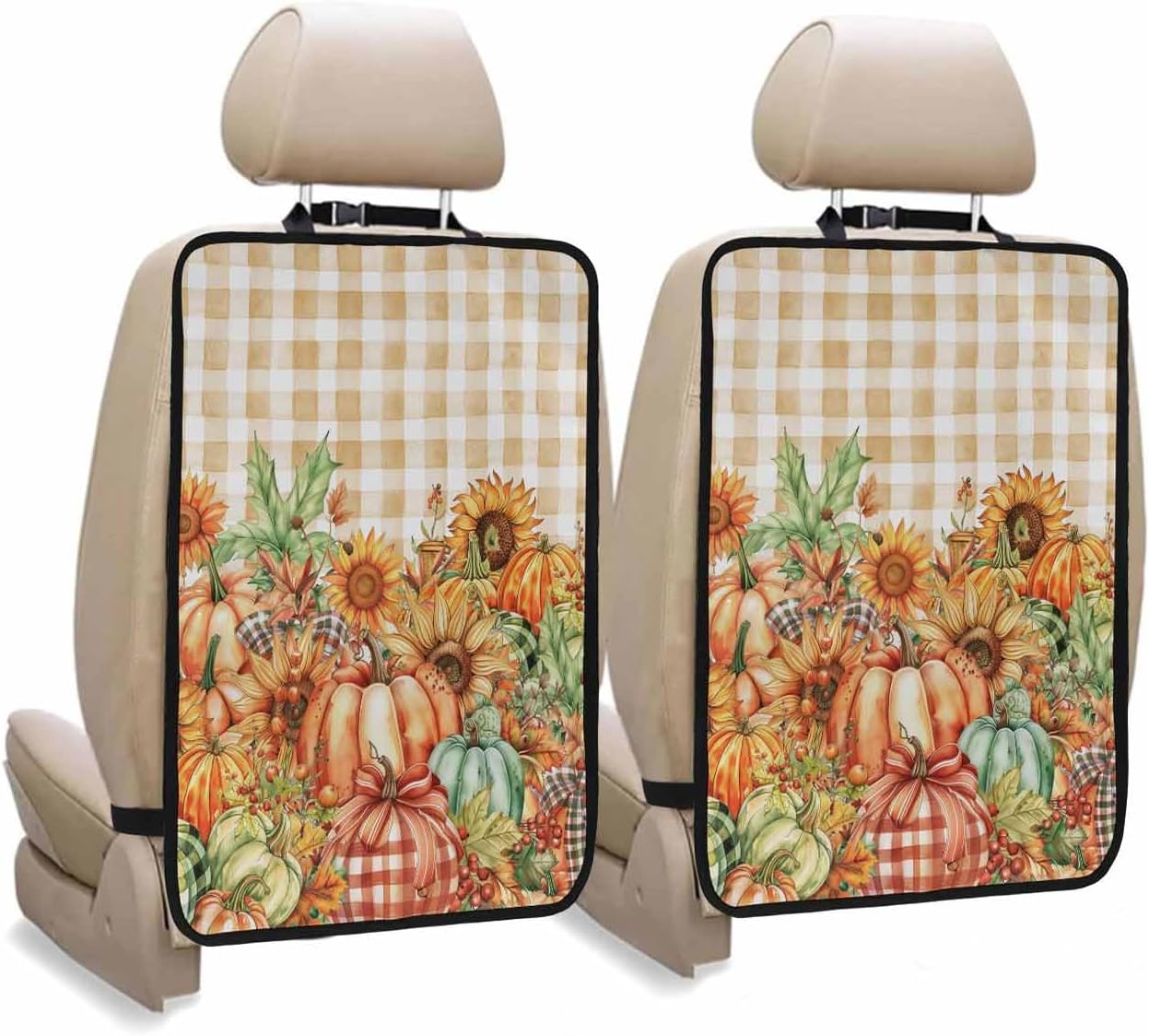 T&H XHome Car Seat Protector, 2 Pack Kick Mats Back Seat Protector Fall Thanksgiving Pumpkin Sunflower Bow Yellow Plaid Waterproof Backseat Cover for Kids Universal Fit Automotive Interior Protectors