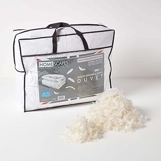 HOMESCAPES - Luxury White Goose Feather & Down 4.5 Tog Double Duvet - 100% Cotton Anti Dust Mite & Down Proof Fabric RDS Certified - Anti allergen - Washable at Home - Summer Quilt