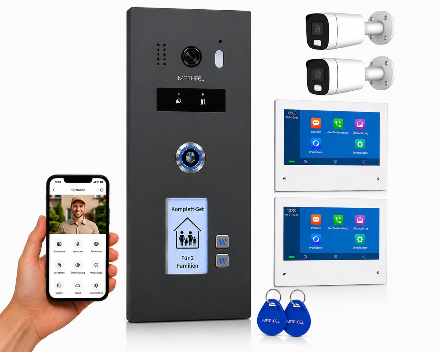 Videocitofono WLAN 2 famiglie, IP65, monitor da 7 pollici, telecamera HD 130°, memoria foto/video, switch PoE