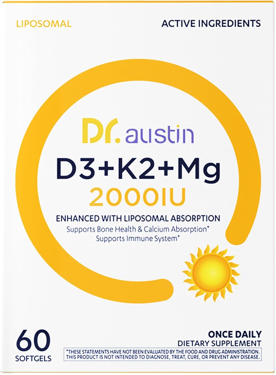 DR.AUSTIN Liposomal Vitamin D3 K2 Magnesium Complex, Vitamin D3 2000 IU, K2 MK-7 90 mcg & Magnesium Glycinate 100 mg, Bone, Immune & Muscle Support Supplement, Once Daily Softgels, 60 Count