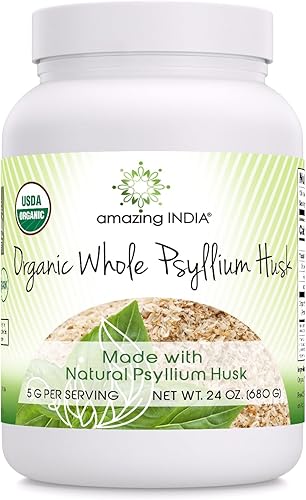 Miniatura 1 de Amazing India Polvo de cáscara de psyllium entero orgánico certificado por USDA (no OGM), excelente fuente de fibra soluble, ayuda a promover la
