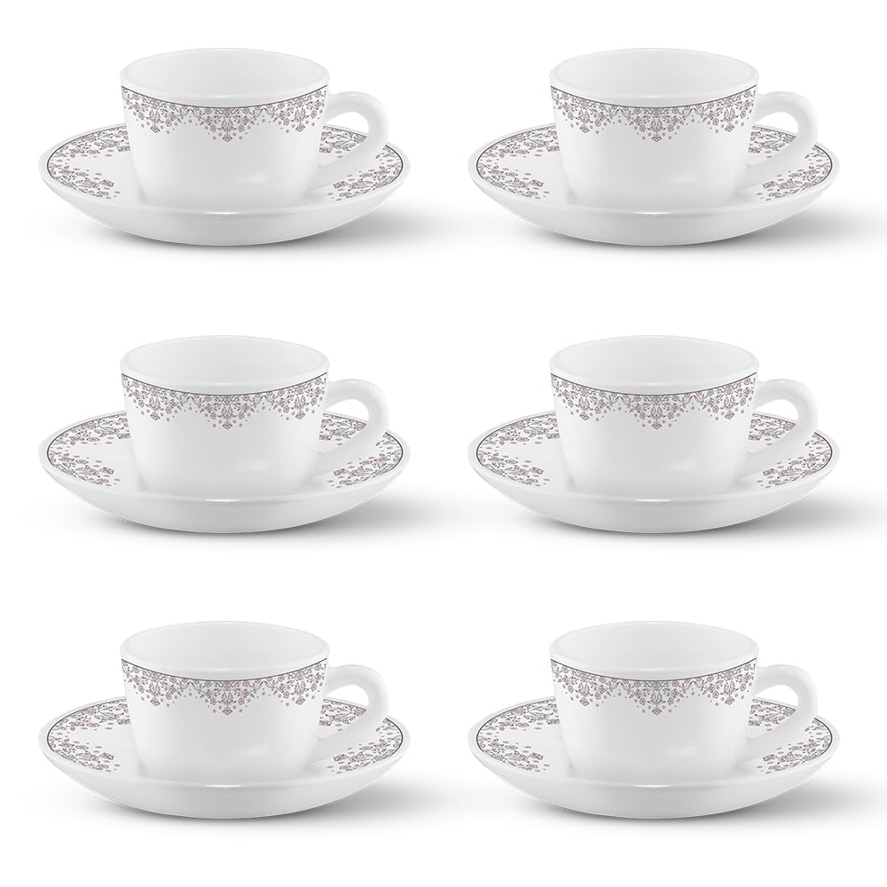 Larah by BOROSIL Lark Opalware Cup and Saucer Set of 12 pcs | Tea/Coffee Cups 145 ml | Microwave & Dishwasher Safe | Bone-Ash Free | Crockery Set Idea...