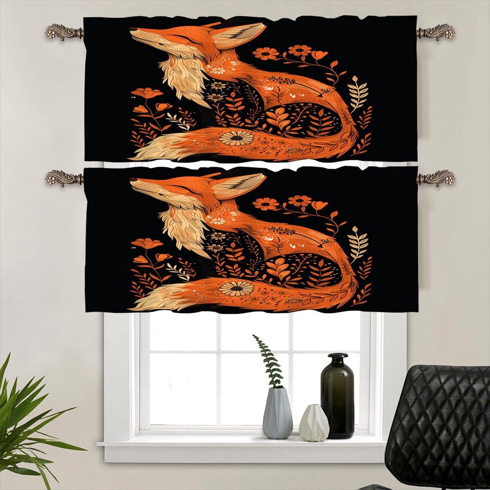 2 Panels Fox Floral Plants Valances for Windows, Glam Rustic Animal Fantasy Rod Pocket Valance Curtains Home Decor Window Treatment for Kitchen/Living Room, 54" W X 18" L