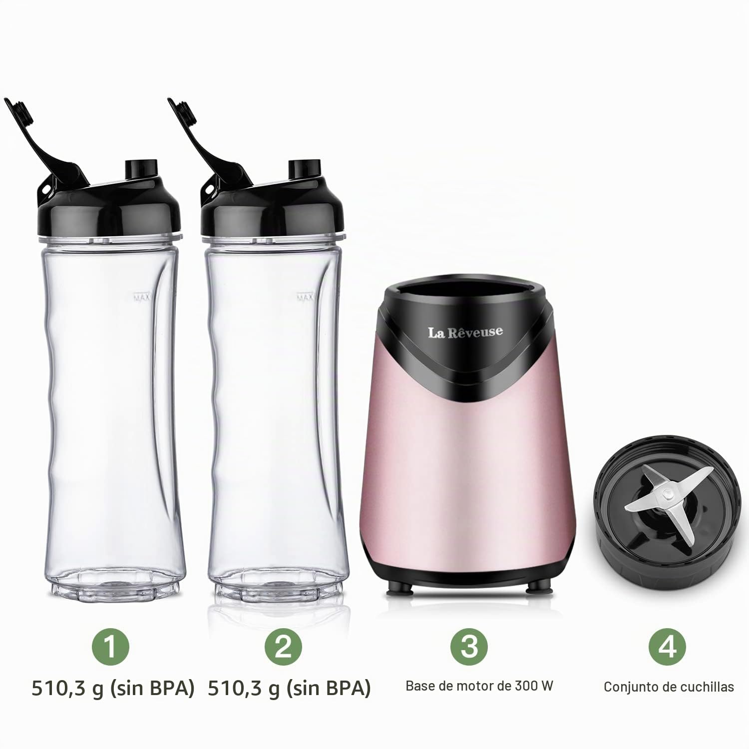 La Rêveuse Licuadora de batidos tamaño personal con 2 botellas deportivas de viaje portátiles sin BPA (550 ml),300 vatios,rosado (Pink) | Con (2) Tazas portátiles 550 ml sin BPA con tapas, mezclador empujador, compacto hogar oficina dorm, 300 W, LARB2205K