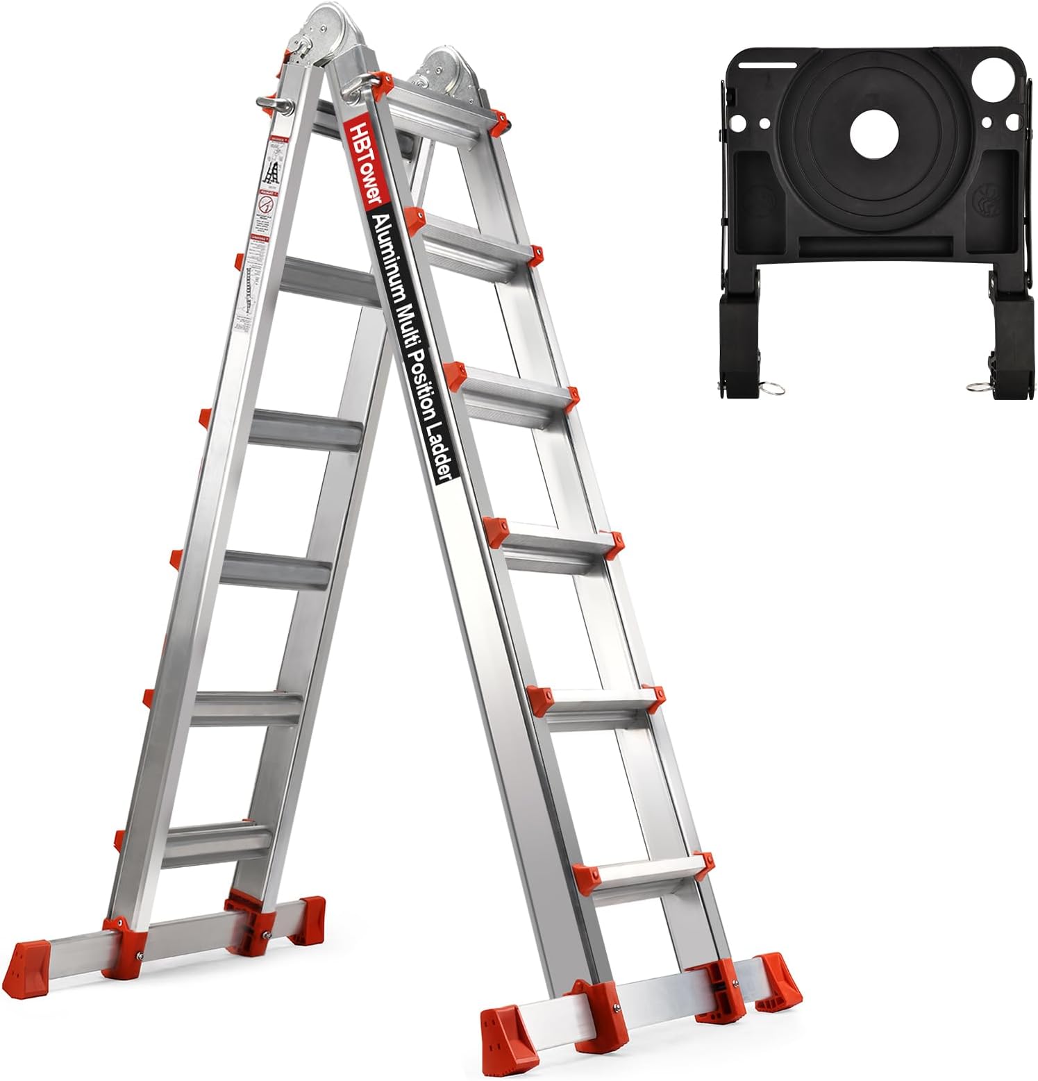 HBTower A Frame 6 Step Extension Ladder, 22 FT Telescopic Ladder with Removable Tool Tray and Stabilizer Bar, 300 lbs Safe Load, Silver
