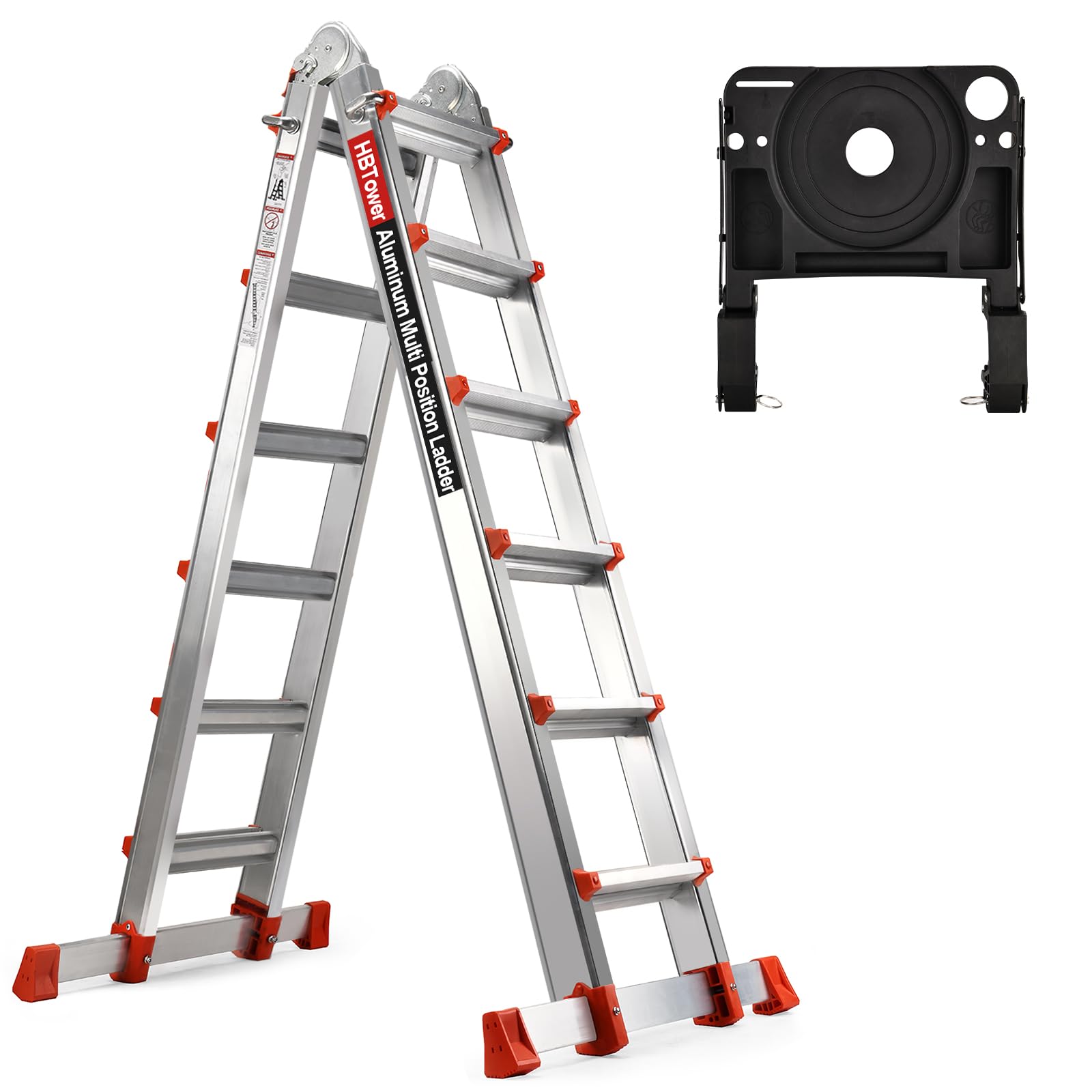HBTower A Frame 6 Step Extension Ladder, 22 FT Telescopic Ladder with Removable Tool Tray and Stabilizer Bar, 300 lbs Safe Load, Silver