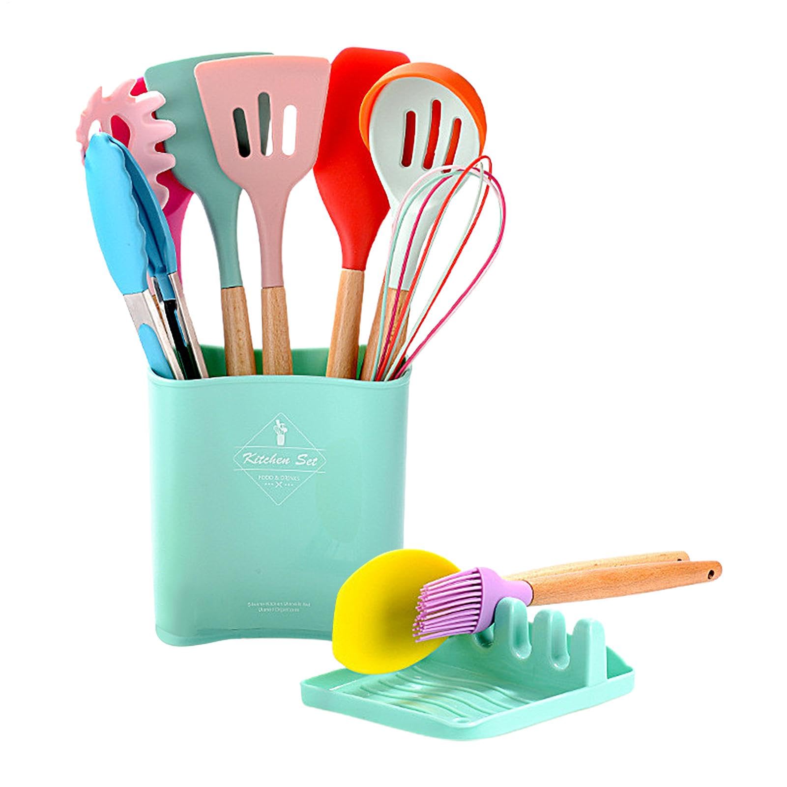 Kit Utensilios Cocina Silicona 12 Piezas Mango Madera Resistente Calor | Silicona Accesorios Cocina Antiadherentes BPA Libre Resistentes Arañazos Alimenticio Ergonómicos Fácil Limpieza