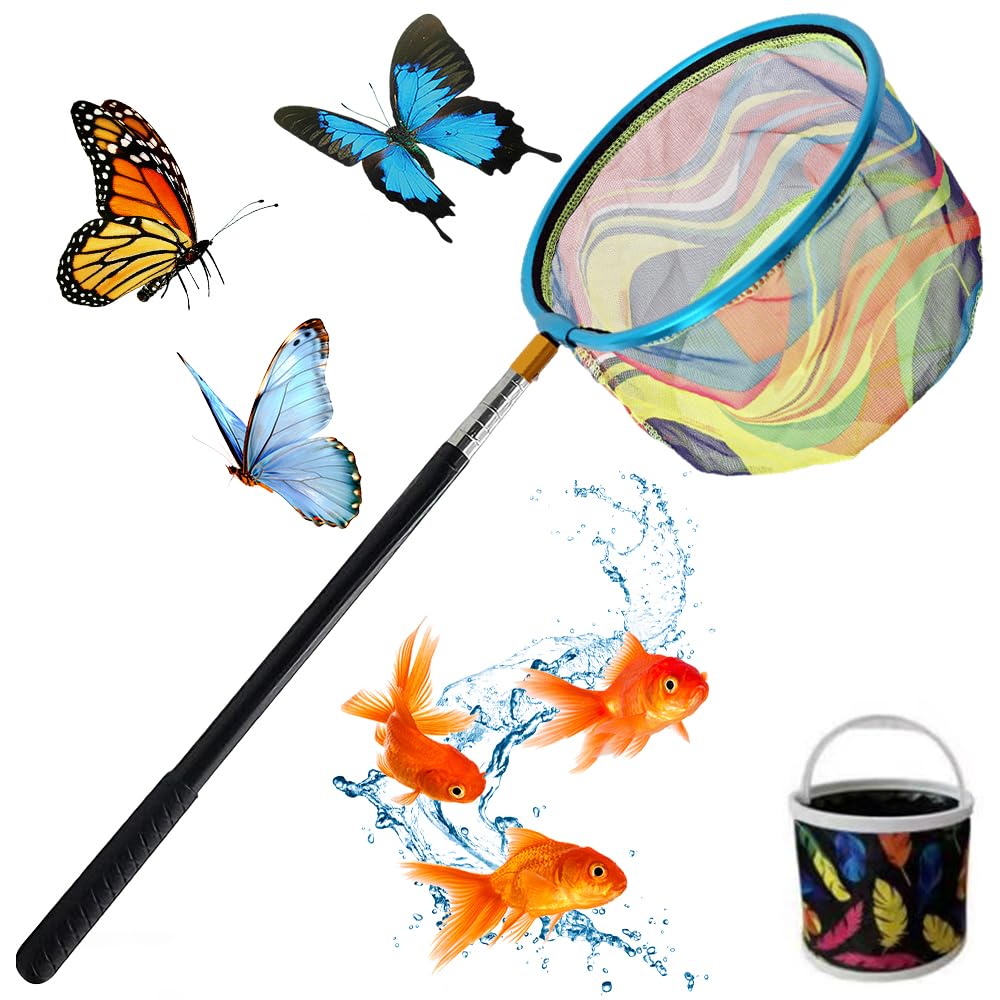 Teleskop Kescher Kinder, Schmetterlingsnetz mit Teleskopstange 66-173 cm Klein Fangnetz Outdoor, Angel Kescher für Kinder Mit Faltbarer Eimer für Insekten Fische Angeln Outdoor Strand Teich