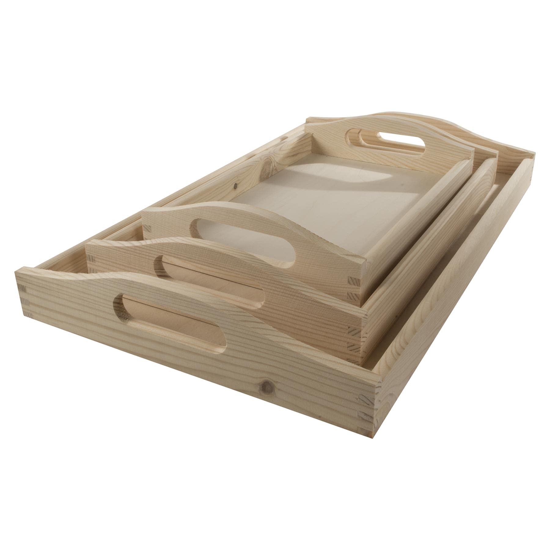 Woodeedoo Wood Eedoo Set Of 3 Nesting En Serving Trays With Curved Handles – Unfinished Pine – Rustic Breakfast Tea And Coffee Trays For Kitchen Worktop Display Home Organisation Or Gift Use