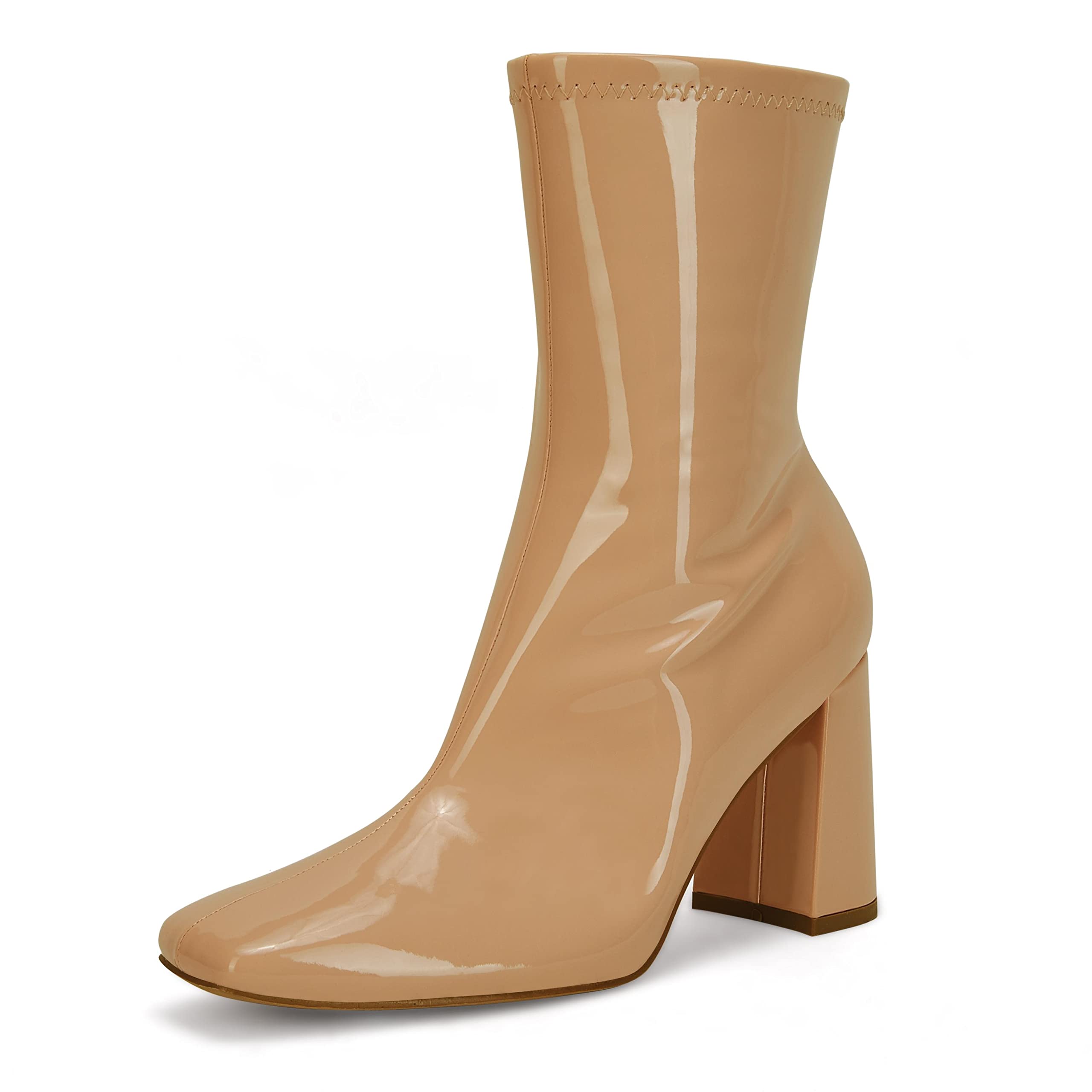 Photo 1 of Coutgo Womens Square Toe Gogo Mid Calf Booties Patent Leather High Chunky Block Heel Side Zipper Ankle Boots 5 Khaki