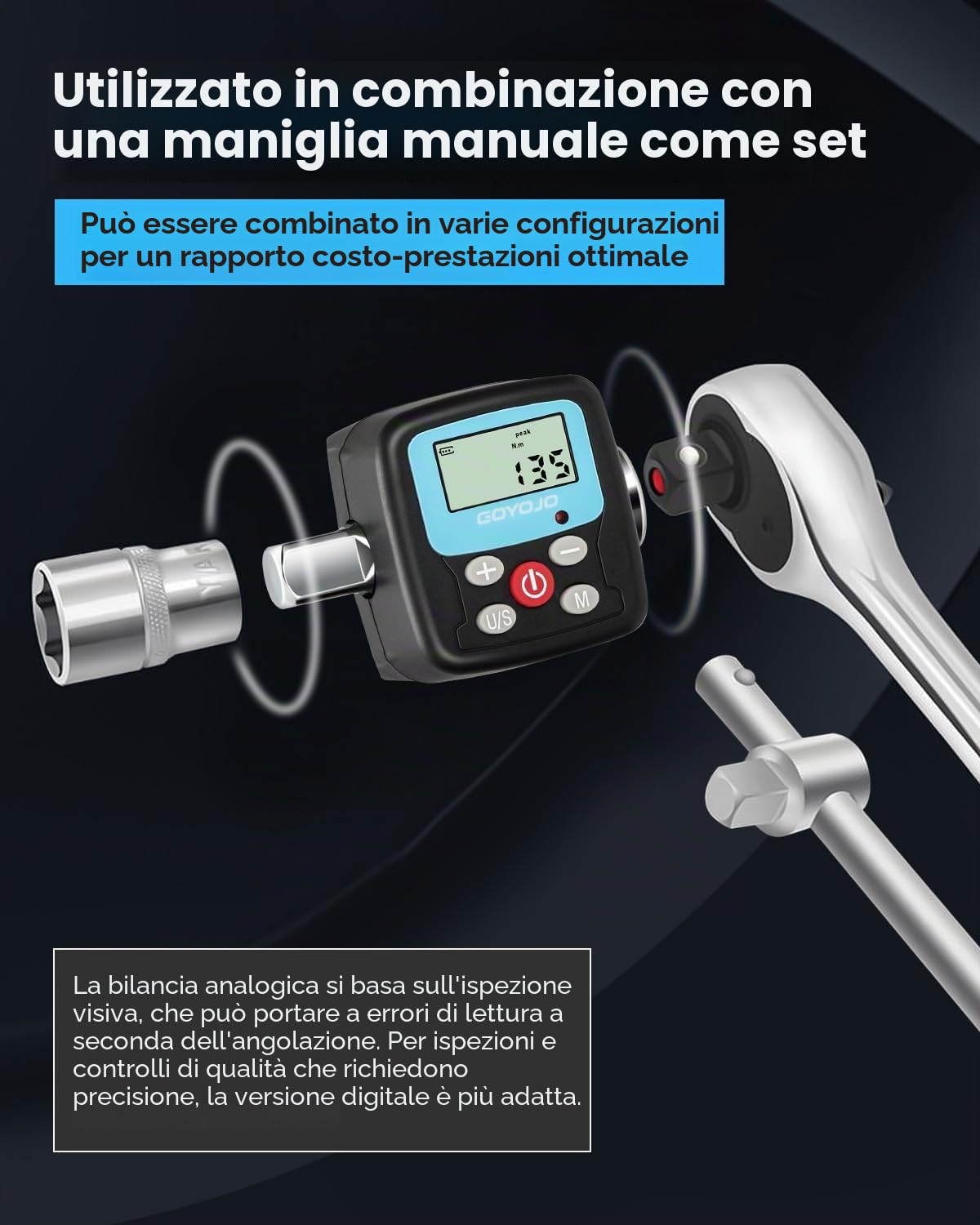 GOYOJO Set di Chiave Dinamometrica Digitale, 1/2 1/4 3/8 Adattatori ad Alta Precisione 4 Unità di Coppia Retroilluminate 2 Modalità Perfetto per Riparazioni Automobilistiche Bici Moto (340 N.m)