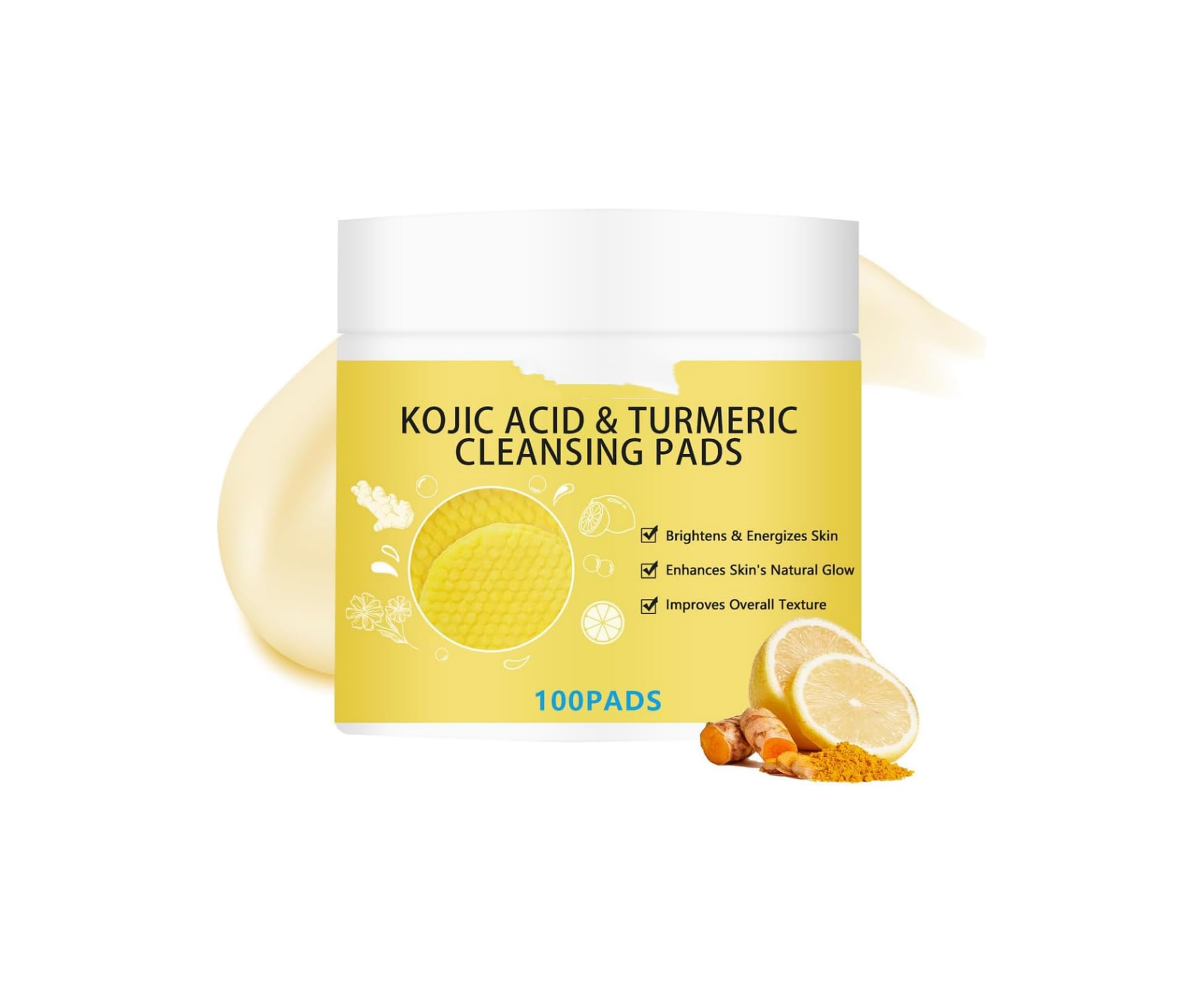 NALACAL Turmeric Cleansing Pads (100pcs), Exfoliating Pads with Kojic Acid for Dark Spots – Nourishing & Firming Skin – Balances Oil and Water for Face & Body – Infused Foaming Pads for Deep Cleansing