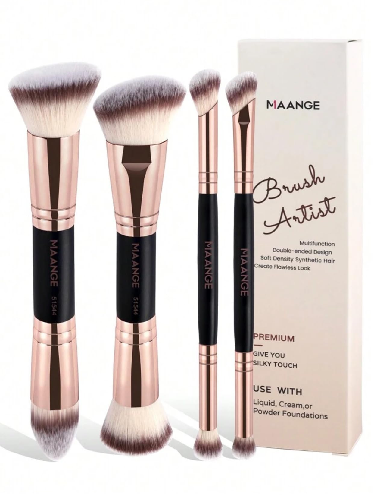 MAANGE 4-Piece Double-Ended Makeup Brush Set – Foundation, Contour, Blush & Eyeshadow Brushes – Travel-Friendly & Gift-Ready (Black Gold)