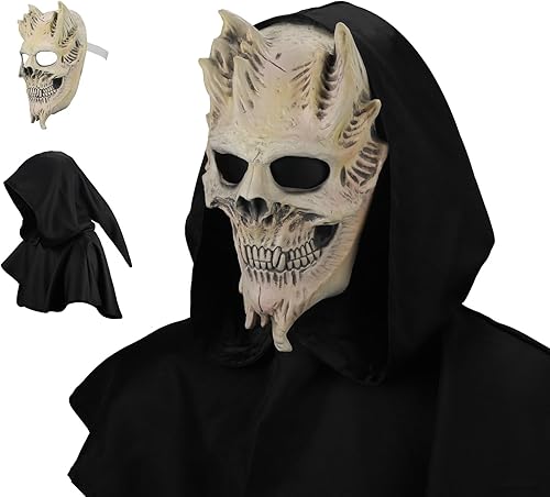 Máscara de calavera, máscara aterradora de Halloween con capa negra, casco de látex, máscara de esqueleto para fiesta de Halloween, disfraces,