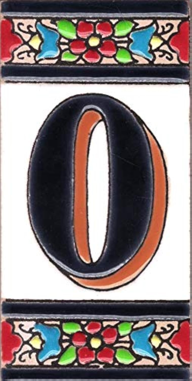 GOLDEN TORO NUMBERS HOUSE. Numbers and Letters in Ceramic Glazed Tile, Hand Painted Technical Dry Rope. Names and Addresses Medium Flower Design 5.5 x 10.5 cm, multicolour