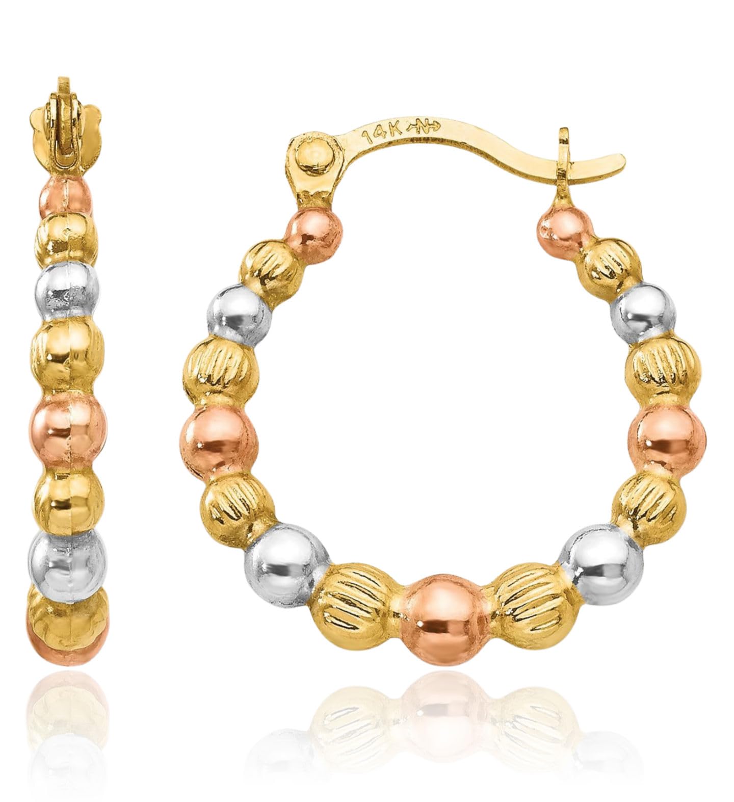 14K Yellow White Rose Gold Small Beaded Hoop Earrings Polished Multi Tone Round For Women Gift