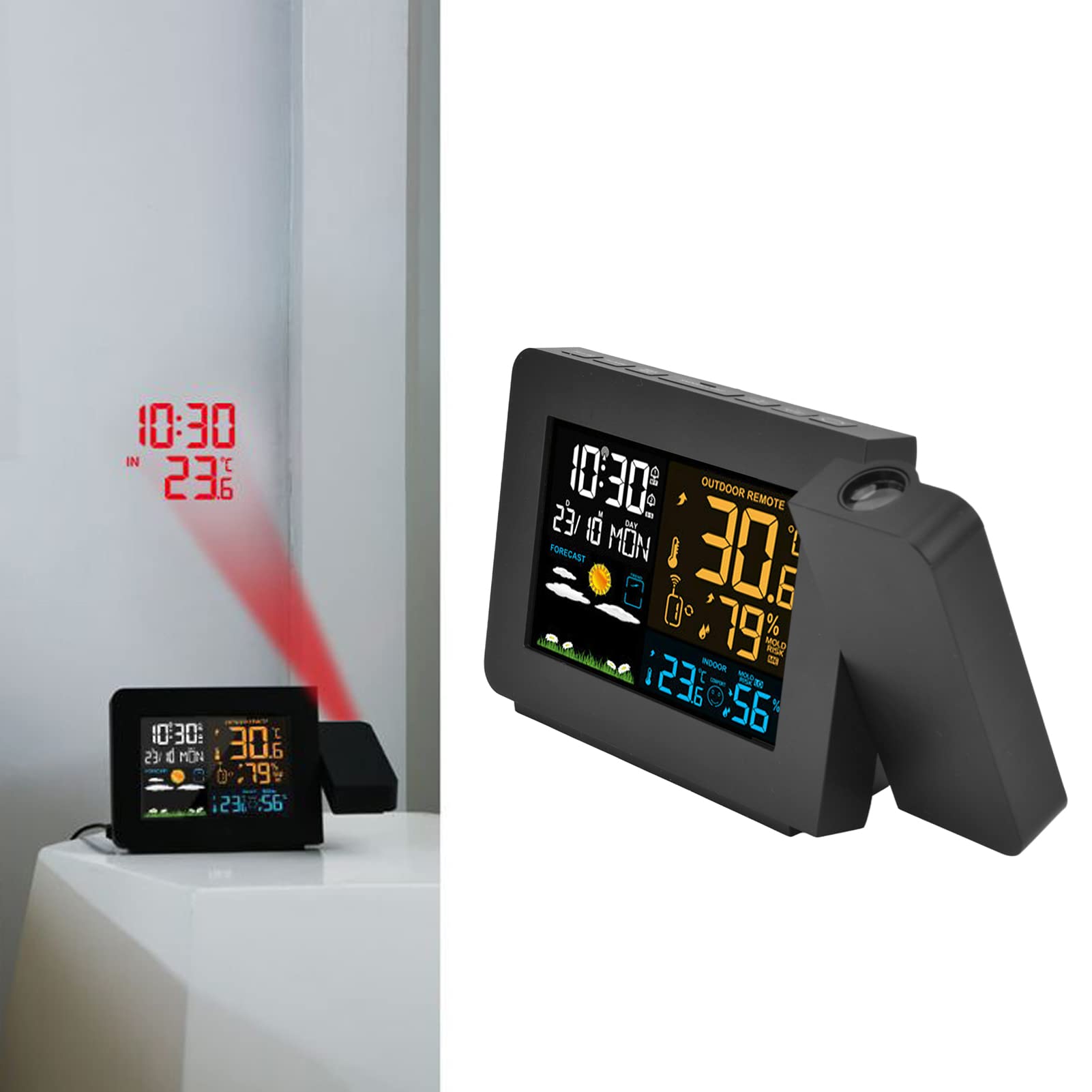 Cryfokt Digitales Hygrometer, Wecker, Projektion, Innen- und Außenthermometer für Zuhause, Büro, 1 Empfänger aus Kunststoff