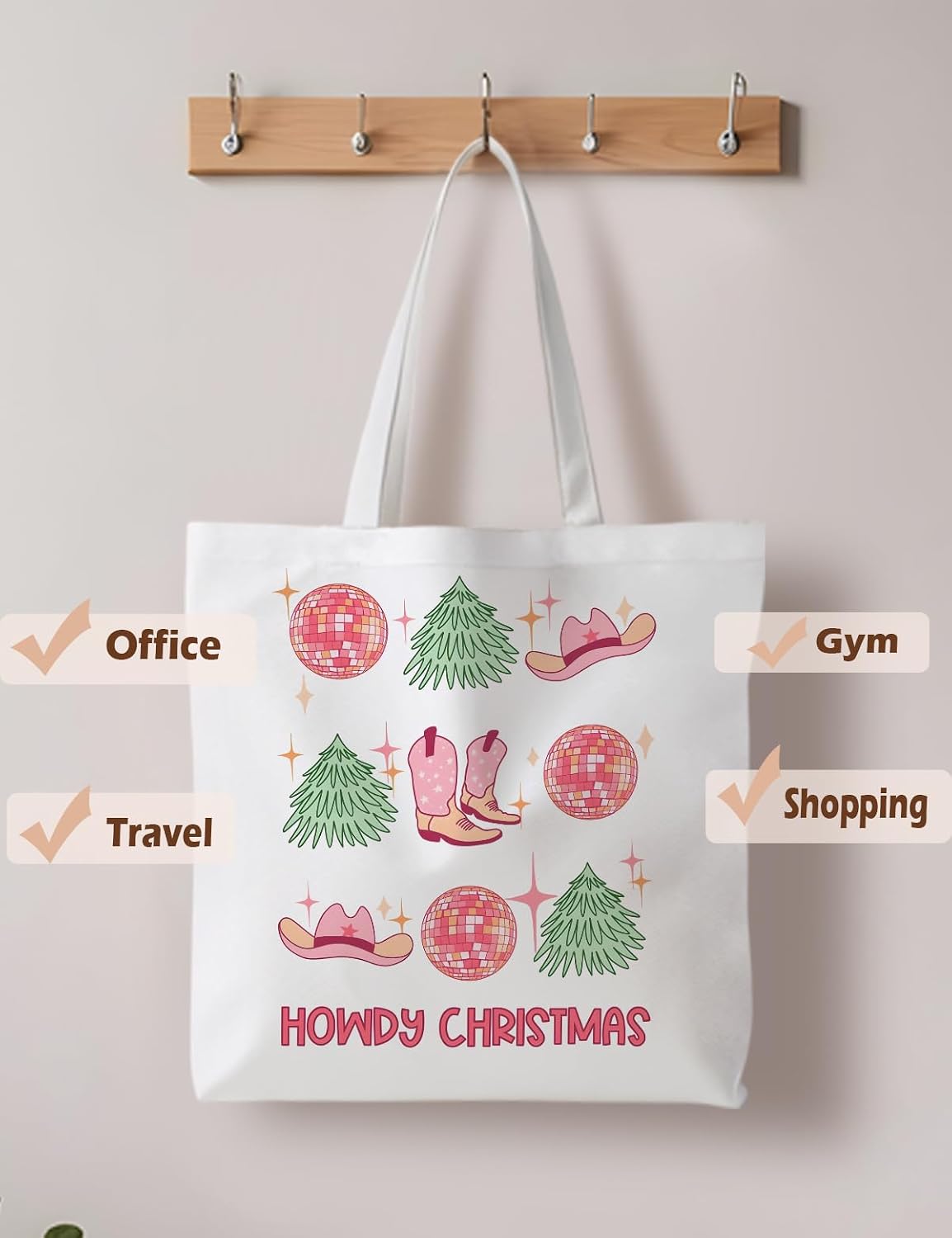 Howdy Christmas Tote Bag, Western Pink Canvas Tote Bag for Women, Christmas Bags for Cowgirl Gifts, Womens Gifts for Christmas, Christmas Reusable Grocery Bags Shopping Bags image 4