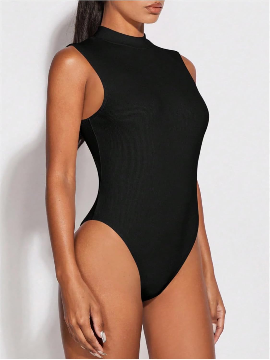 Verdusa Womens Mock Neck Backless Tops Double Lined Sleeveless Skinny Leotard Tops Bodysuit - Image 3