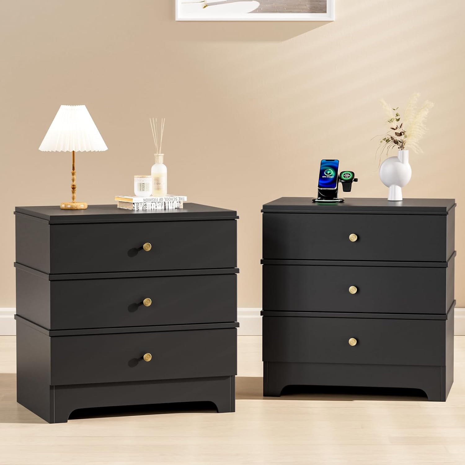 3 Drawer Nightstand with Charging Station,24" Farmhouse Night Stand & Modern Bedside Table, Wood End Table Storage Cabinet for Bedroom Hallway, Entryway,Black Set of 2