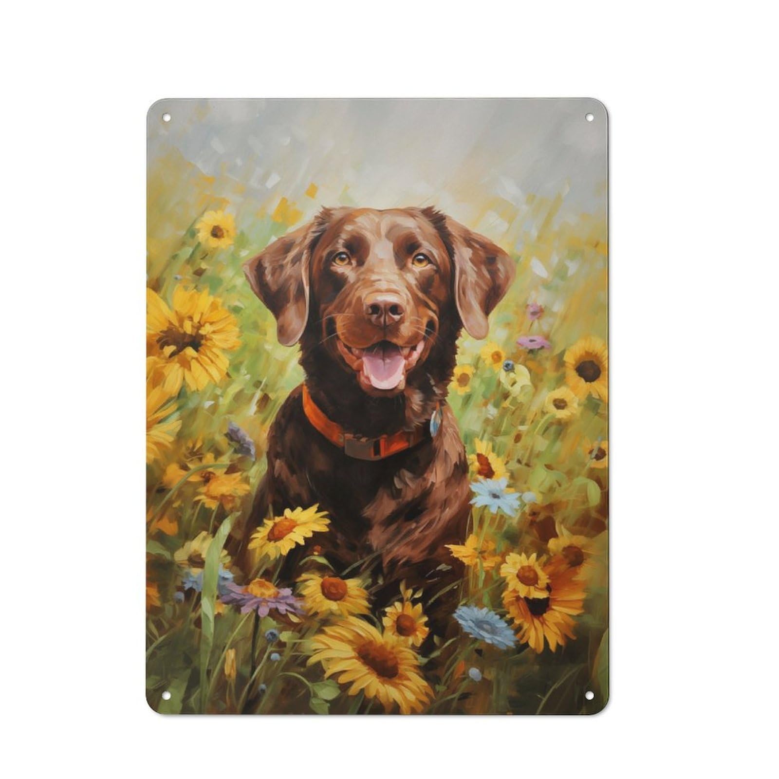 Junmoney Labrador In Sunflowers Tin Wall Plaque 40X30cm With For Pub Or Café, For Collectors Of Retro Metal Wall Decor