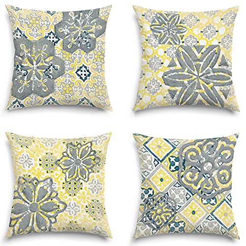 BrilliStar Yellow Grey Throw Pillow Covers Floral and Boho Pillow Covers Farmhouse Decorative Pillow Covers for Couch Sofa Living Room Bed Decor 18 x 18 Set of 4 Outdoor Decor Pillow Covers