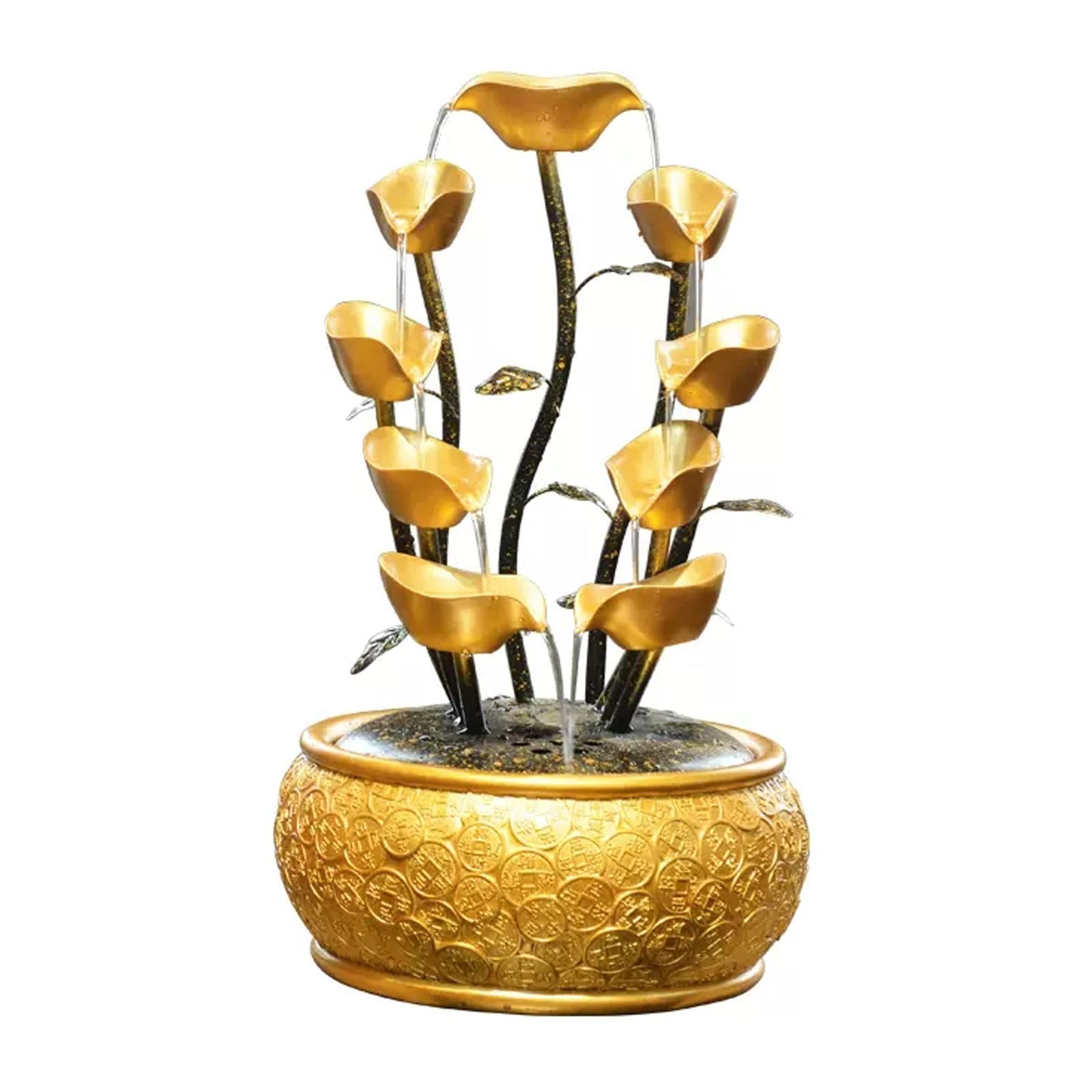 Fontana a Cascata da Tavolo Fontana da tavolo Fontana da tavolo creativa con acqua corrente con motivo a moneta in oro dorato Base decorativa e fontana da tavolo con pompa Fontane d'acqua al Coperto (
