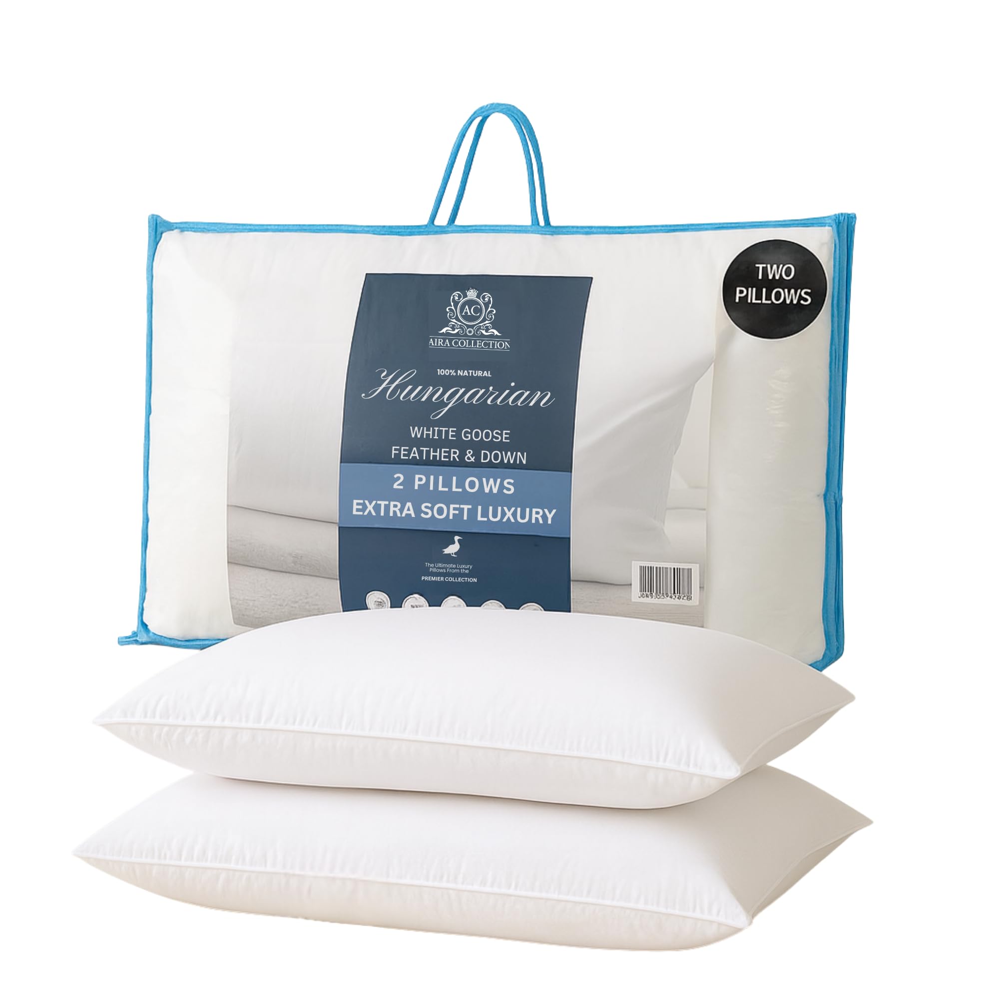 Aira Collection Hungarian White Goose Feather & Down Pillows – 2 Pack | Ethically Sourced Fill | Luxury Hotel Quality Pillows with Breathable Pure Cotton Cover, Ideal for Front & Back Sleepers