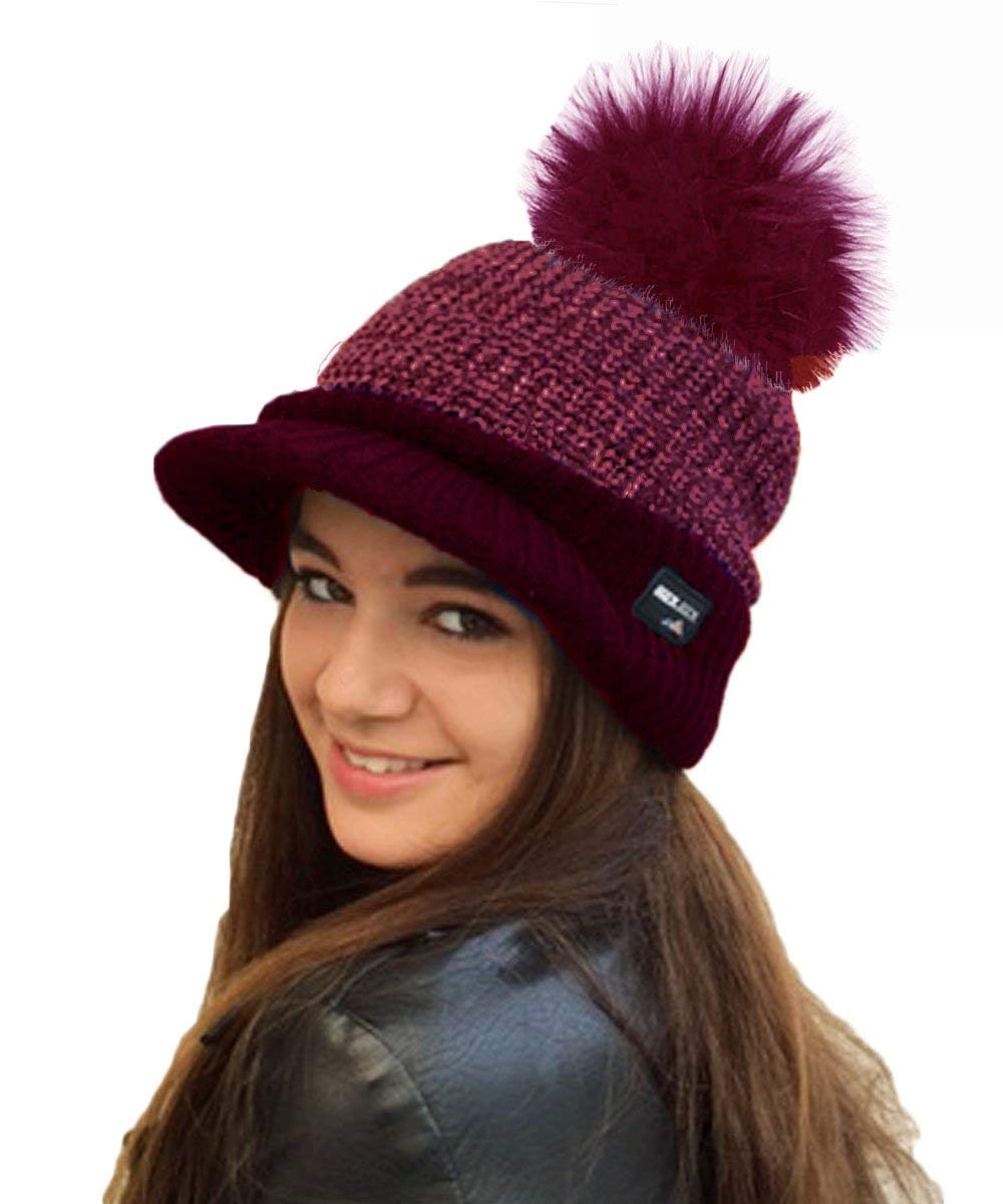 Rockjock Women's Burgundy Warm Fleece Lined Knitted Peaked Beanie Baseball Cap With Detachable Faux Fur Pompom- Wear With Or Without