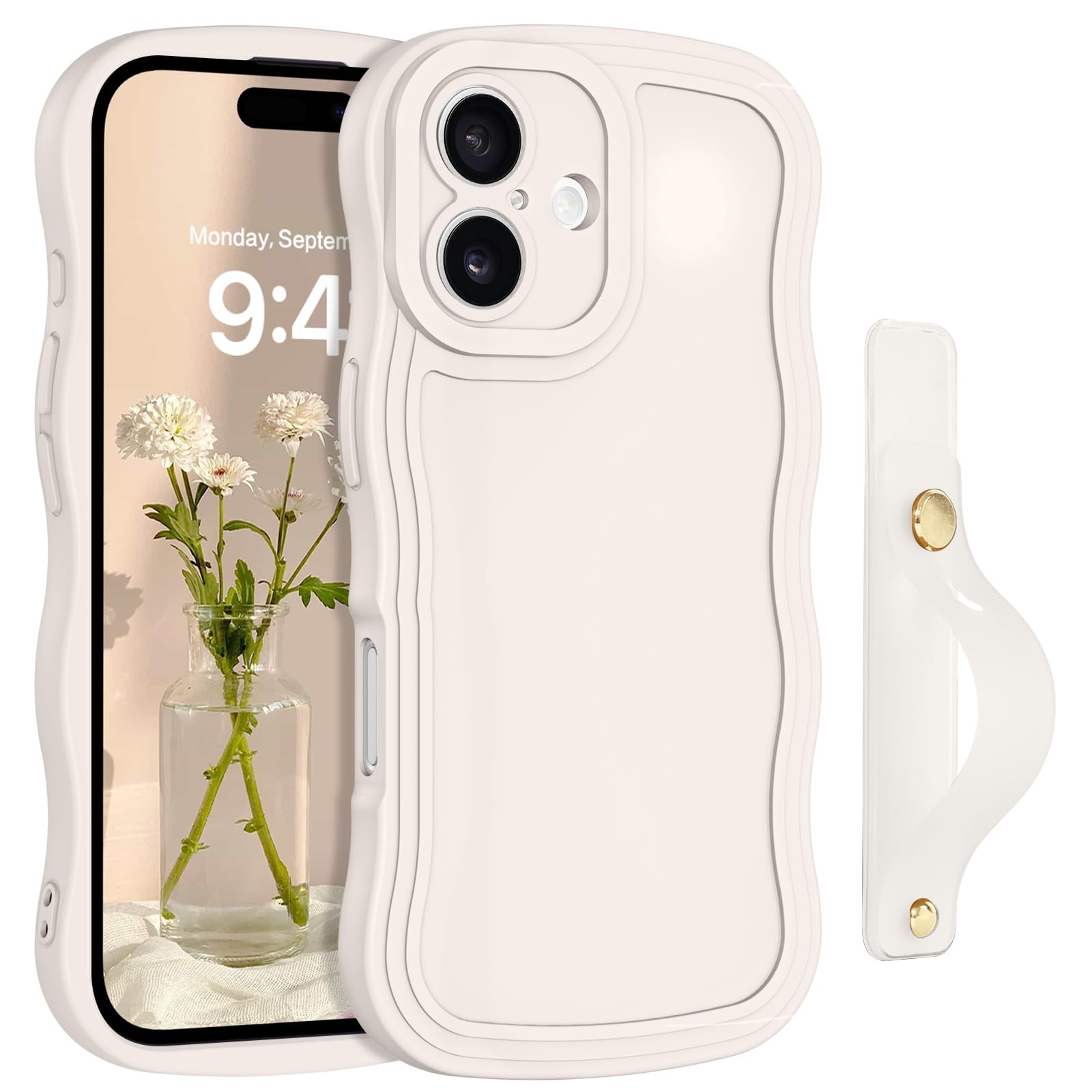 GUAGUA for iPhone 16 Case with Wrist Strap, iPhone 16 Wavy Phone Case,Cute Curly Wave Shape with Adjustable Wristband Kickstand Shockproof Protective