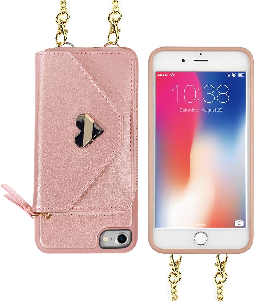 JLFCH iPhone 8 Wallet Case, iPhone 7 Crossbody Case, iPhone SE Wallet case with Card Slot Holder Zipper Wrist Strap Crossbody Chain Purse for Apple iPhone 7/8 / SE, 4.7 inch - Rose Gold