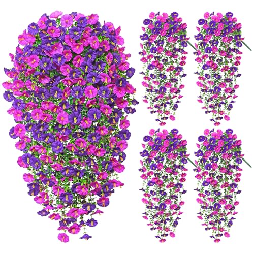 TOCHGREEN Artificial Fake Hanging Flowers Plants for Outdoor Decoration 4PCS Faux Silk Morning Glory Flowers UV Resistant Hanging Plants for Home Porch Patio Garden Decor (Purple F image 1