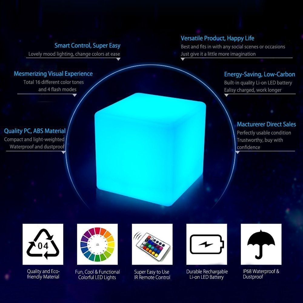 LED Cube Mood Light, Impermeable Recargable Lámpara Luz flotante,Dimmable Luz nocturna LED Luz decorativa con control remoto y 16 Modo de iluminación (20CM/7.9'')