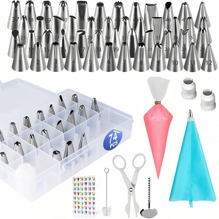 nalaina 74PCS Frosting Piping Tips Set, Cake Decorating Set - Stainless Steel Nozzles Tip and Reusable Pastry Bag and Disposable Pastry Bag for Cookie, Cake, Baking Supplies, Beginners