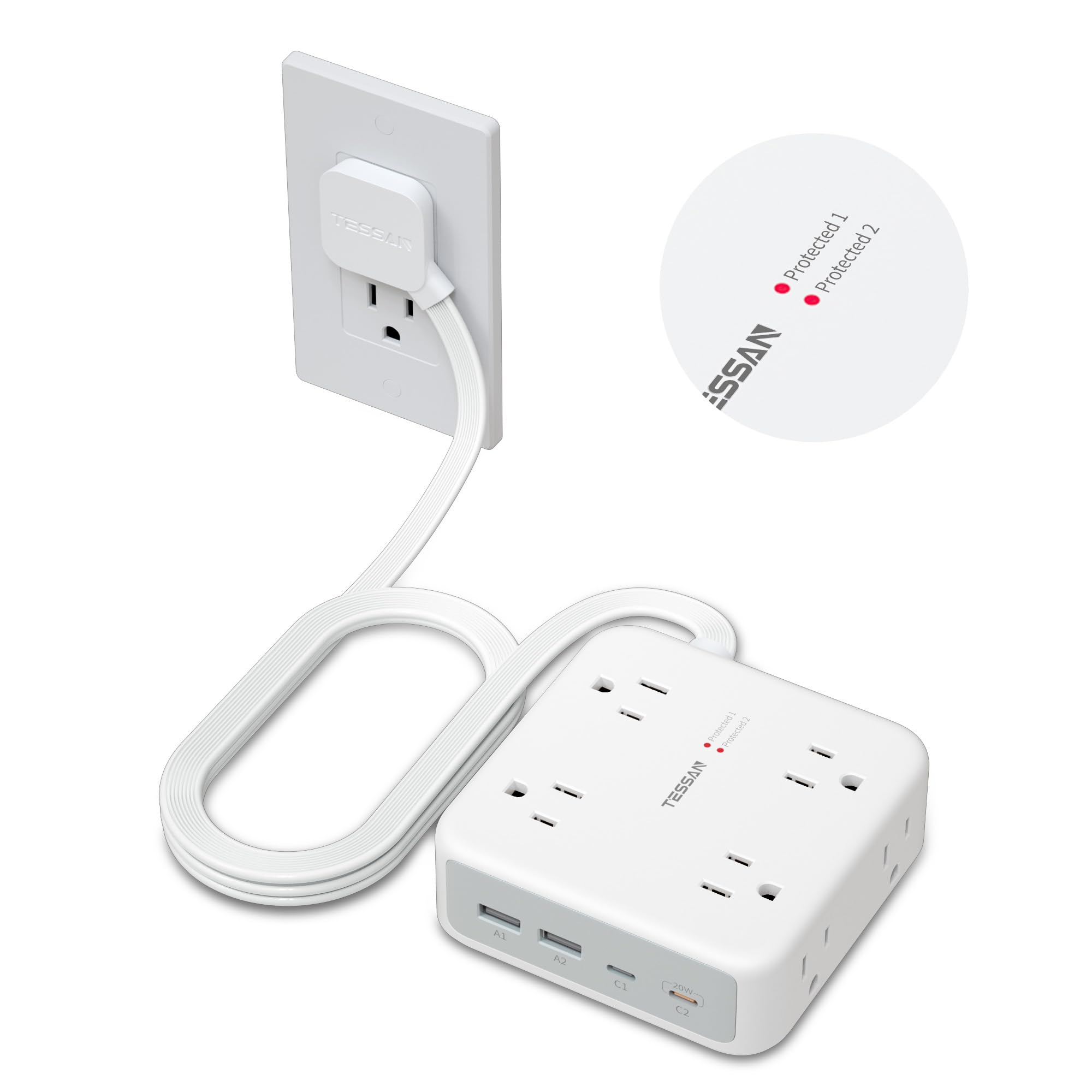 Surge Protector Power Strip, 5 Ft Extension Cord Flat Wall Plug with 4 USB (2 USB C) 8 Outlets, 2100J Protection, 1875W 15A, 20W Multiple Desk Charging Station for Home, Office, Dorm Room