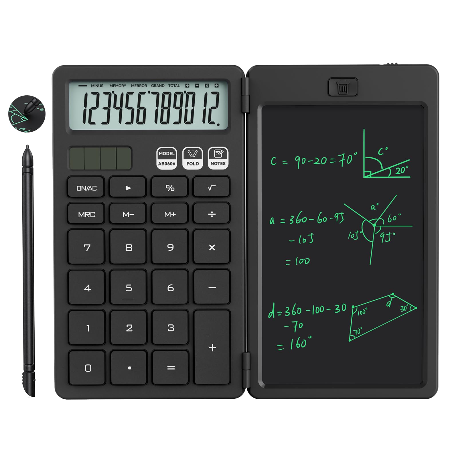 NEWYES Calculator, with Writing Tablet and Pen, Solar & Battery Powered, Suitable for Students, Families, Offices (Black)