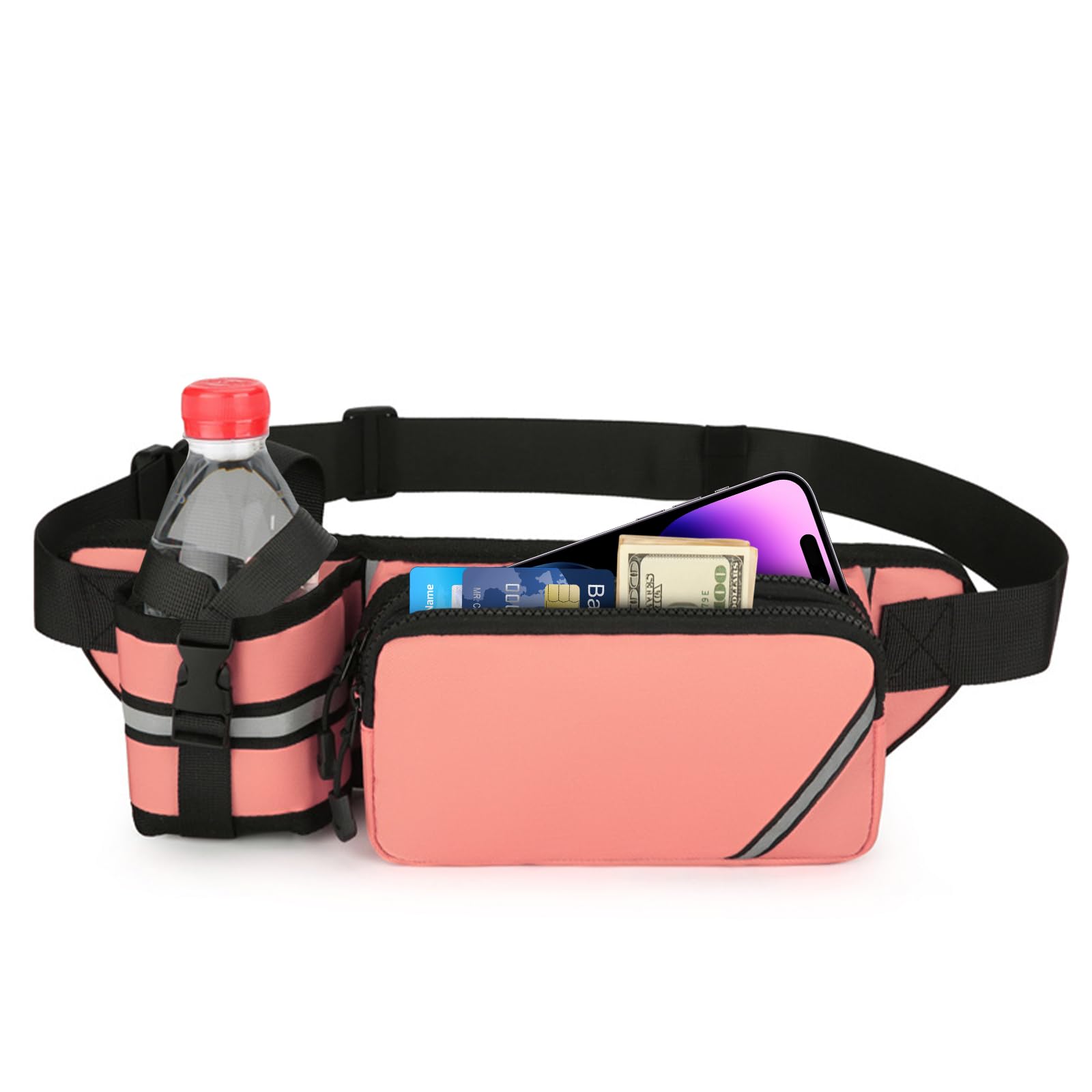 Esoes Belt Bag Sports Waist Bag with Water Bottle Breathable Sports Hip Bag Waist Bag with Bottle Holder for Running, Camping, Climbing, Cycling (Pink)