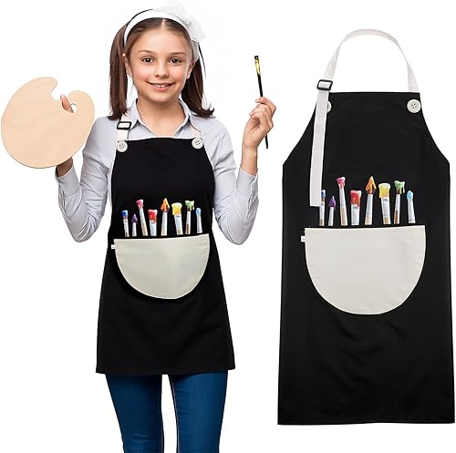 Delantal de pintura de artista negro con bolsillo para pintura, cocina y manualidades (5-8 años)