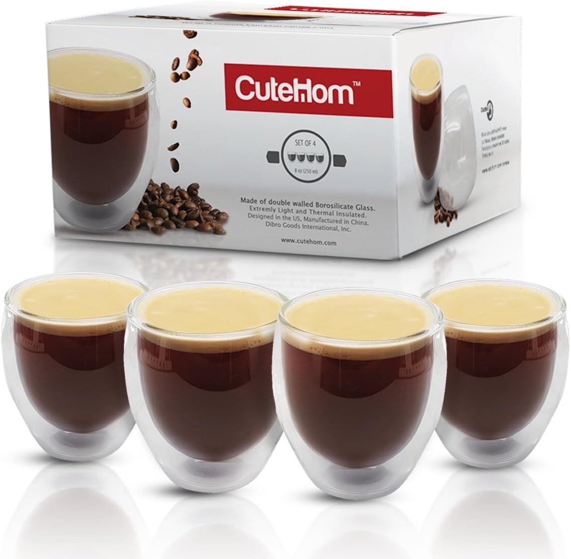 Double Espresso Cups - Thermo Wall Coffee Mugs - Set of 4 glasses