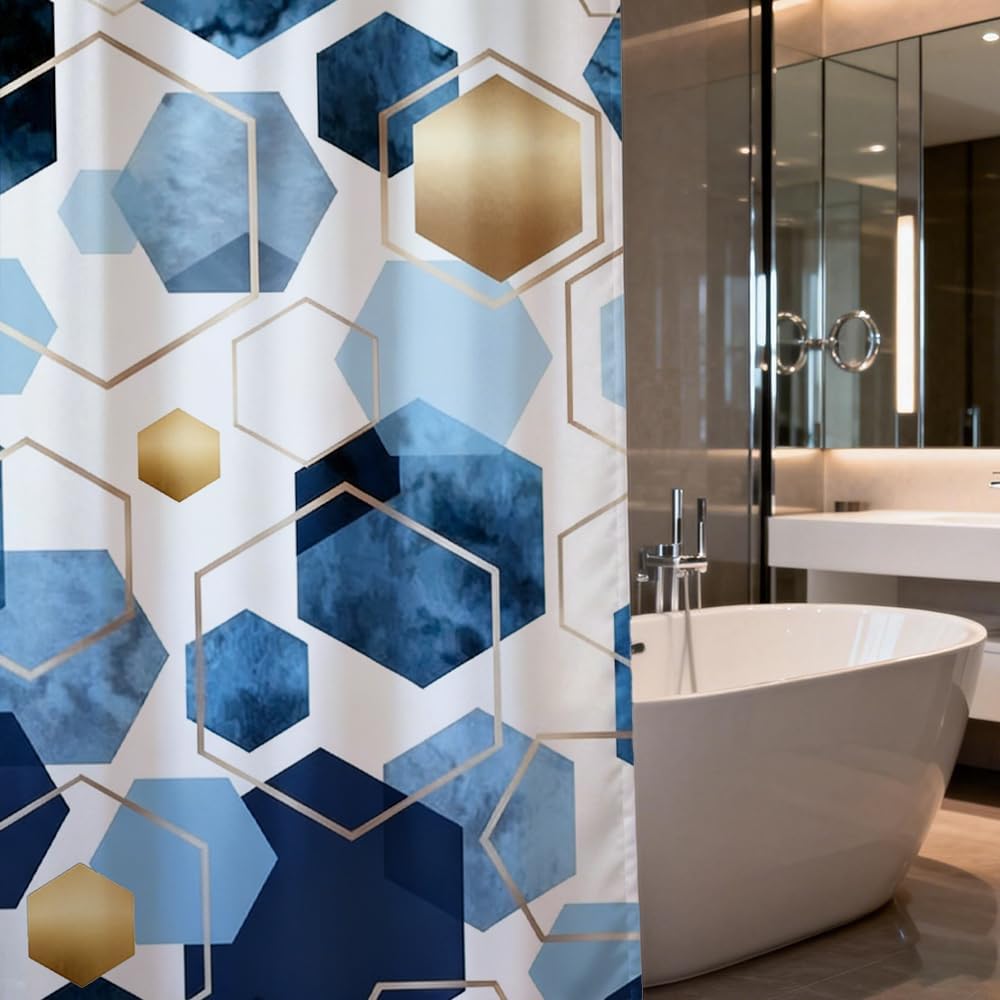 Indigo Gold Geometric Honeycomb Shower Curtain Water-Resistant Polyester Bath Curtain 72x72 Inches Light Luxury Ink-Texture Bathroom Décor Curtain image 4
