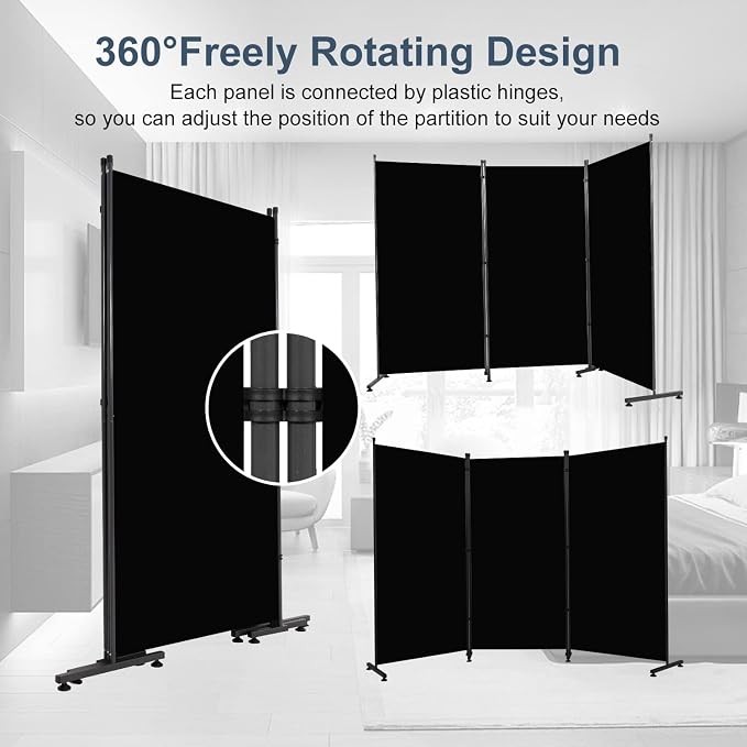 Biombo Plegable de 3 Paneles, Separador de Espacio 6ft de Altura, Pantalla de Privacidad con Tejido PA Resistentes al Agua, Negro, Estilo Moderno miniatura 5