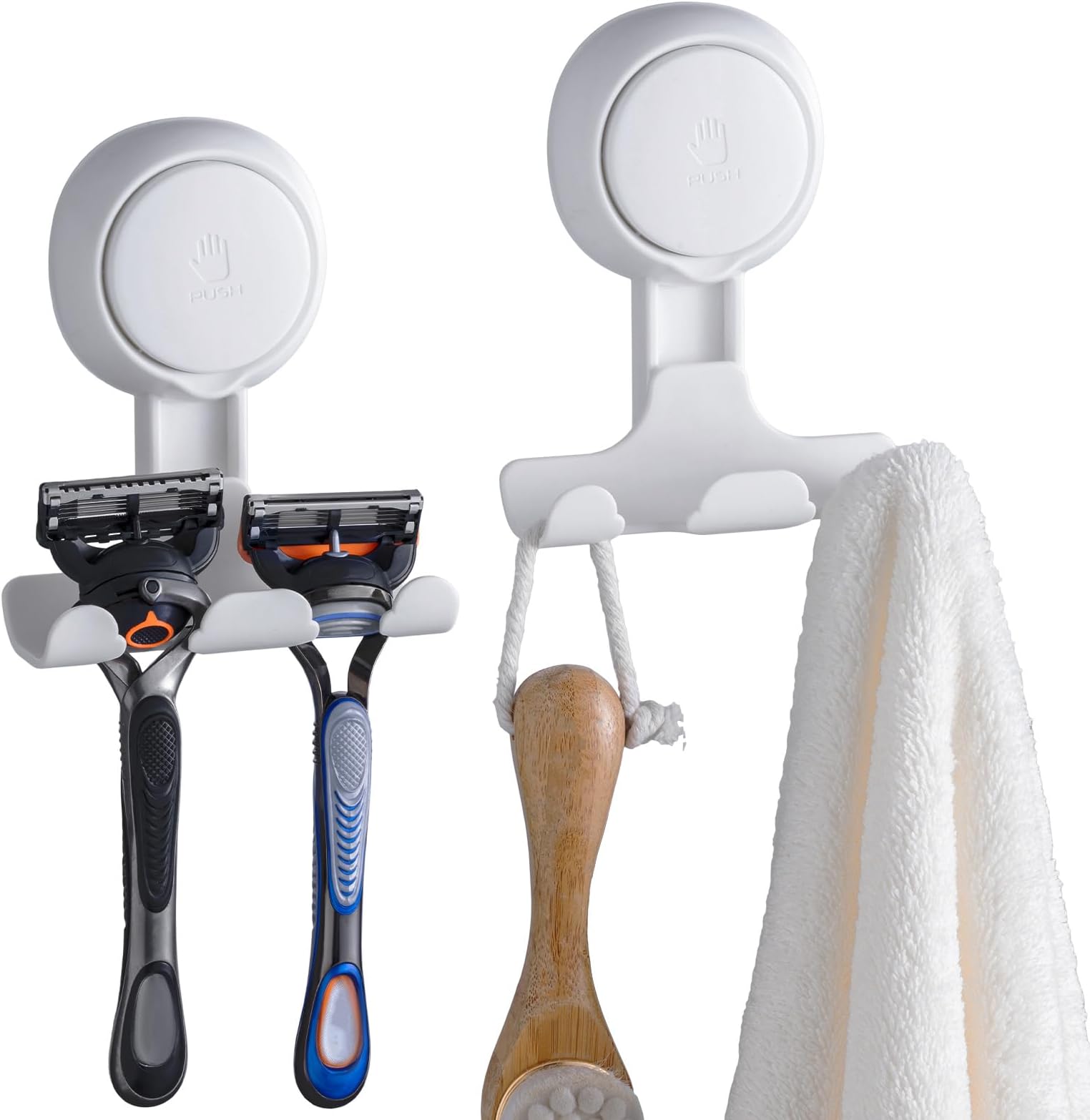 TAILI Suction Cup Razor Holder in Shower 2 Pack, Towel, Loofah, Shaver Holder for Bathroom Wall, Powerful Suction Cup Shower Hooks, Easy to Install and Reuse, White
