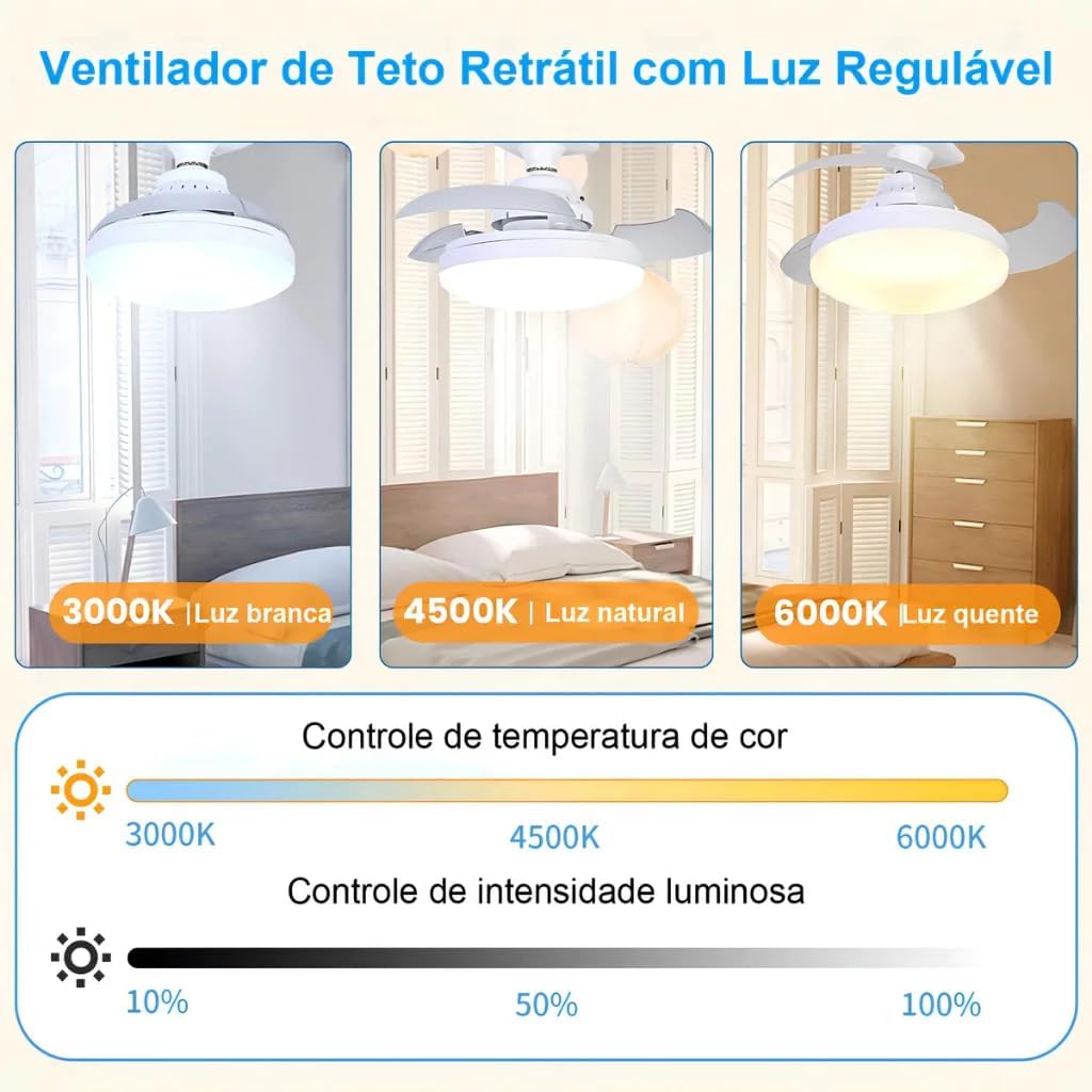 Ventilador de Teto com Controle Remoto Pás Retráteis E27 LED 18W 3 Cores 4 Velocidades Motor Brushless 85-265V Ventilador de Teto com Controle Remoto Pás Retráteis E27 LED 18W 3 Cores 4 Velocidades Motor Brushless 85-265V