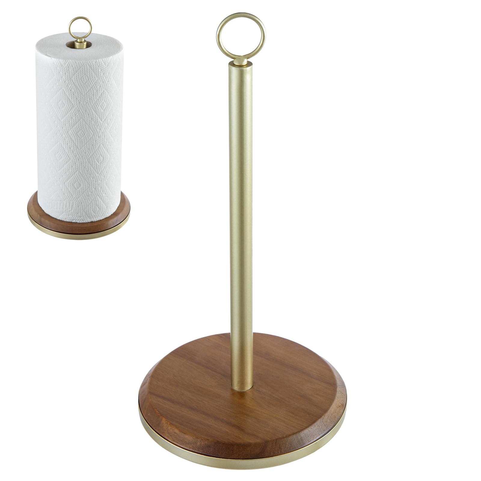 Photo 1 of MyGift Premium Acacia Solid Wood Countertop Paper Towel Roll Dispenser Stand with Brass Tone Metal Spindle and Top Carrying Ring, Table Standing Holder for Disposable Kitchen Towels