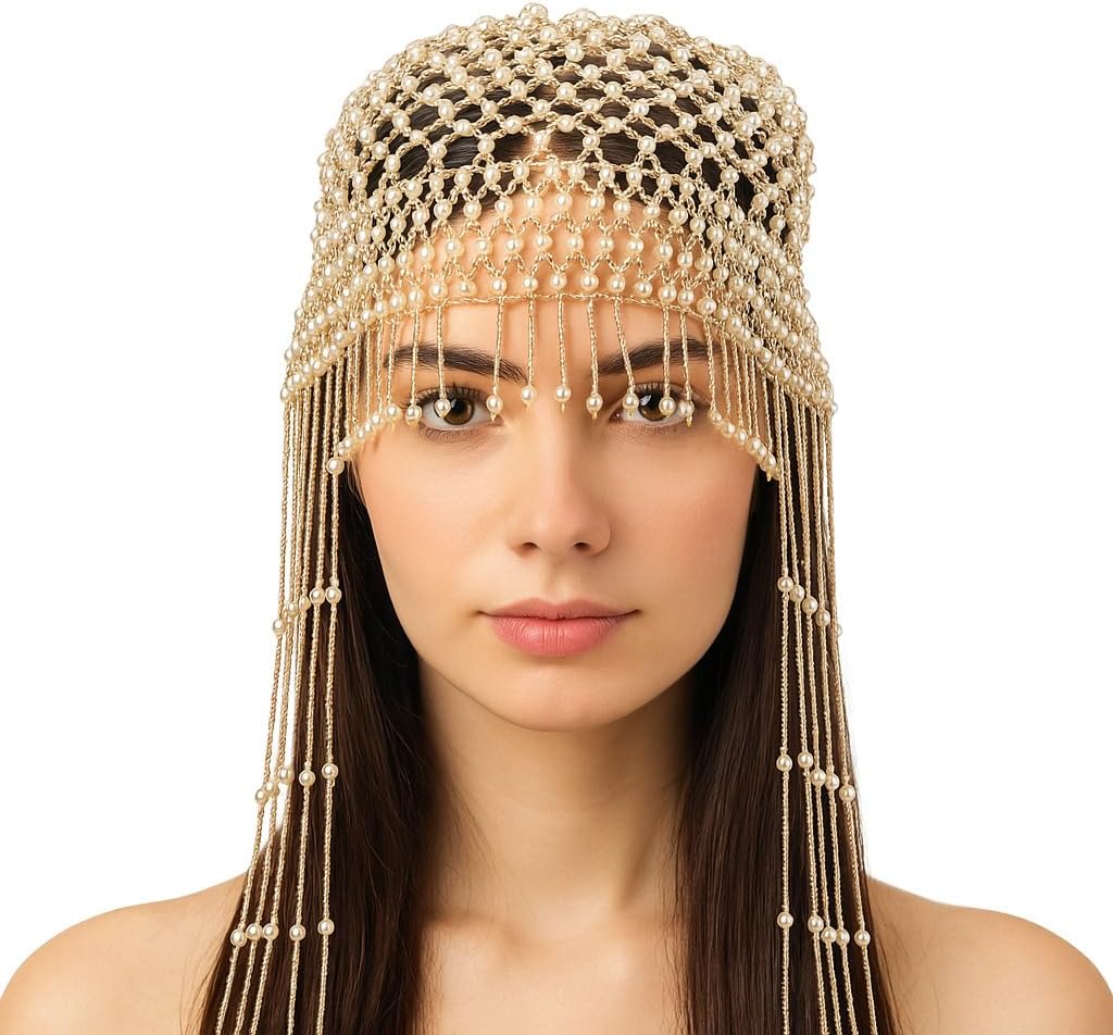Pearl Bead Headpiece for Women Cleopatra Style Hair Jewelry