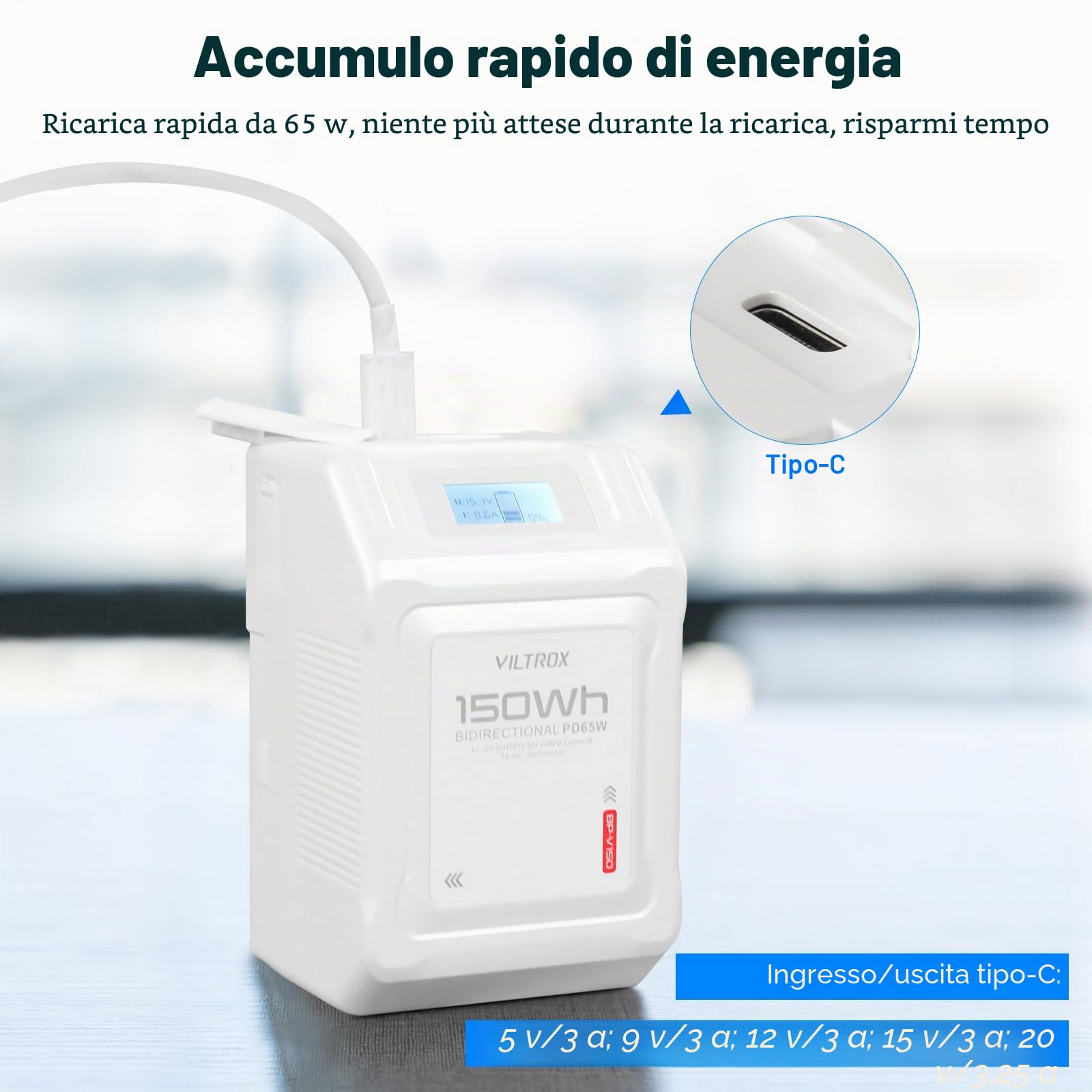 VILTROX BP-V150 V Mount Battery 10050mAh V Lock Batteria con Display LCD,Doppio D-Tap Uscita USB 150Wh/14,8V,Bianco Mini V-Mount Battery per Fotocamere,Videocamere,luci LED,Monitor,MacBook Smartphone