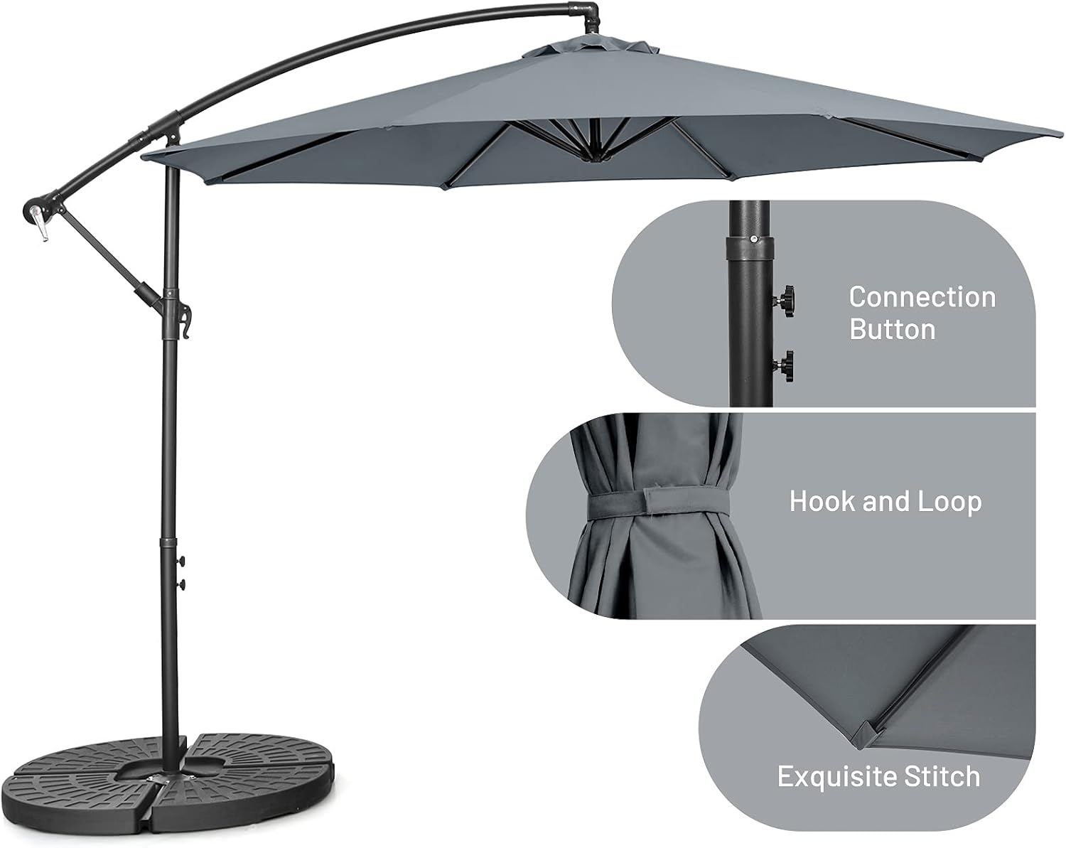 Tangkula 10 FT Patio Offset Umbrella with 8 Ribs, Outdoor Cantilever Umbrella with Cross Base and Crank, Market Hanging Umbrella for Garden, Poolside and Backyard (Grey)