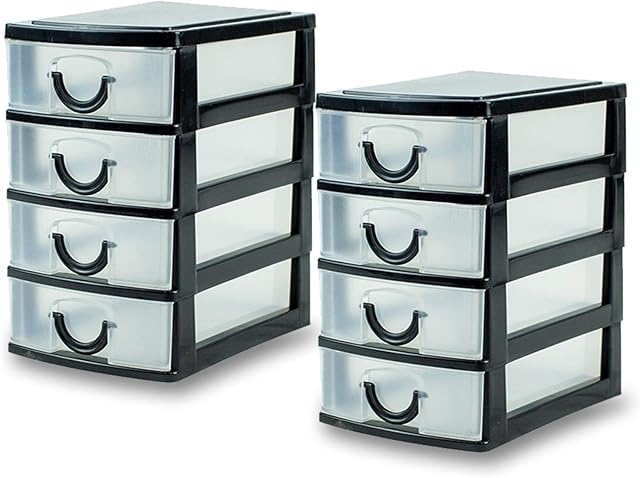 Lizzy Mini Storage Unit | 14.5cm x 9cm x 13cm | Pack of 2 | Transparent Mini Storage Tower | 4 Drawer with Handles | For Store Small Parts Crafts Desk Bathroom Kitchen Office (Black)