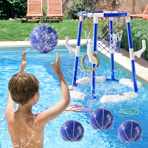 2-in-1 Pool Basketball Hoop & Ring Games with 4 Balls 12 Rings and Pump, Summer Water Outdoor Party Swimming Pool Toys Games for Kids Ages 4-8 8-12 Adult, Family Party Easter Birthday Games Toys - Thumbnail 2